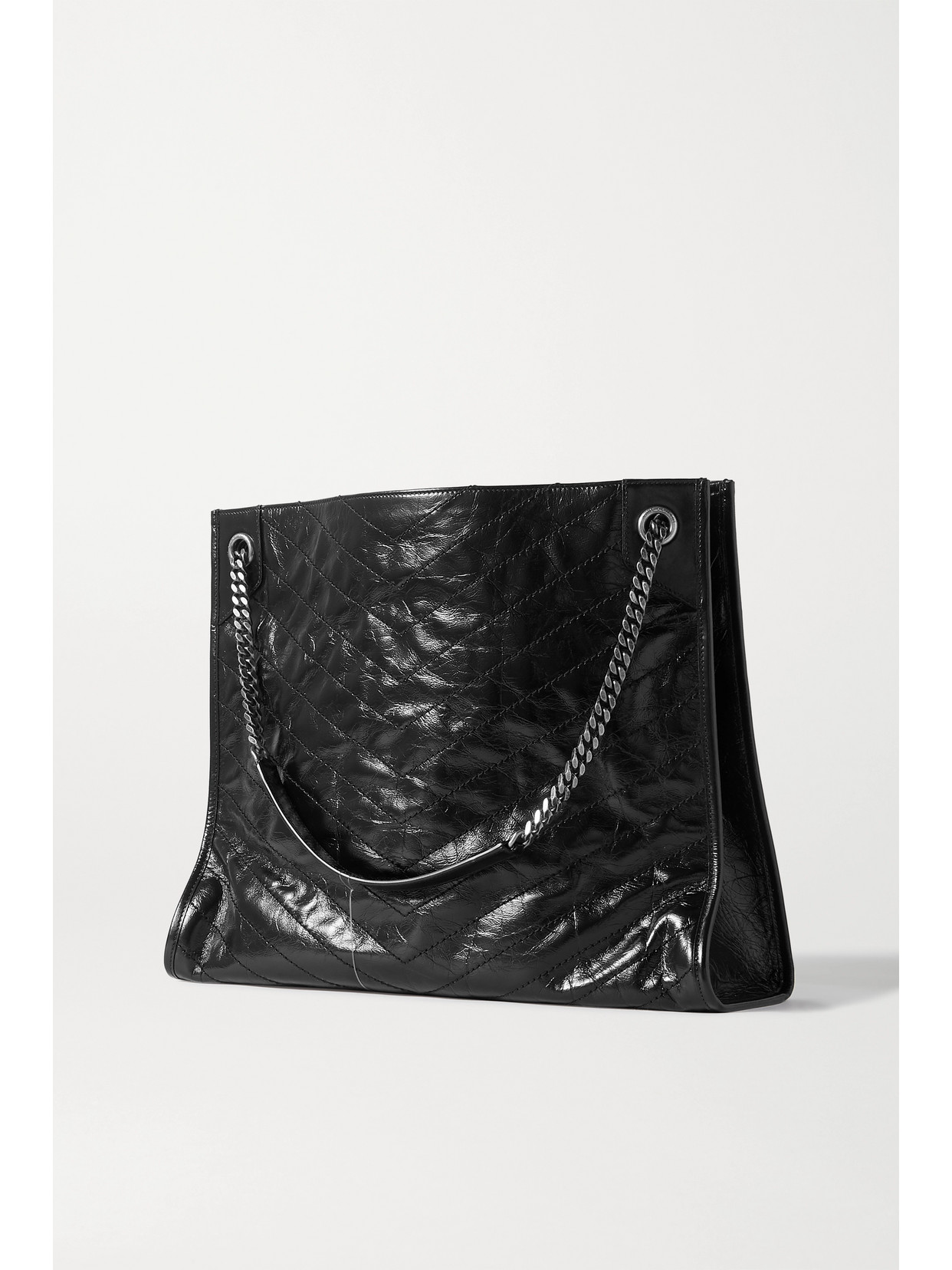 Saint Laurent Niki Large Quilted Crinkled Glossed-leather Tote In Black
