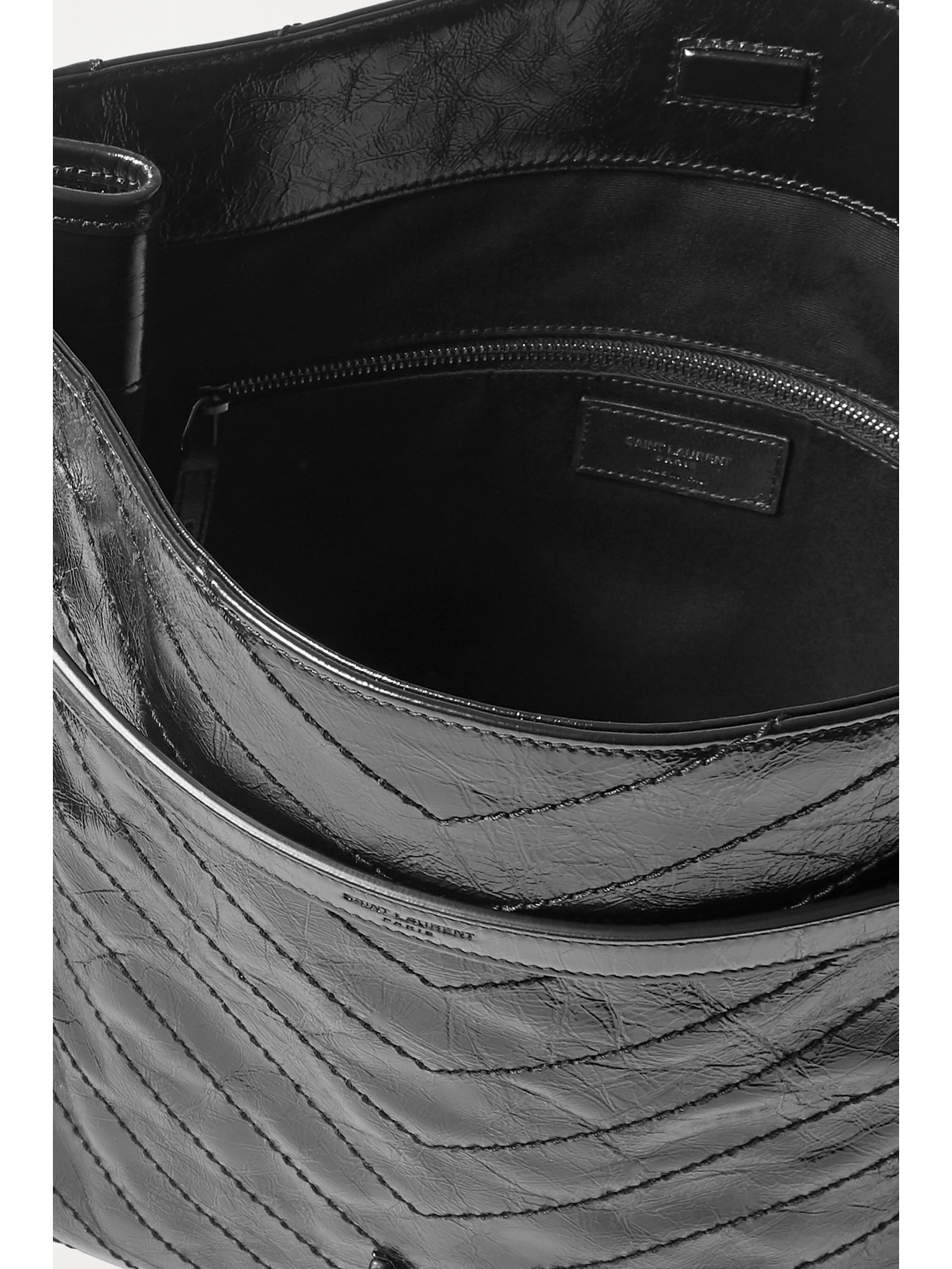 Saint Laurent Niki Large Quilted Crinkled Glossed-leather Tote In Black
