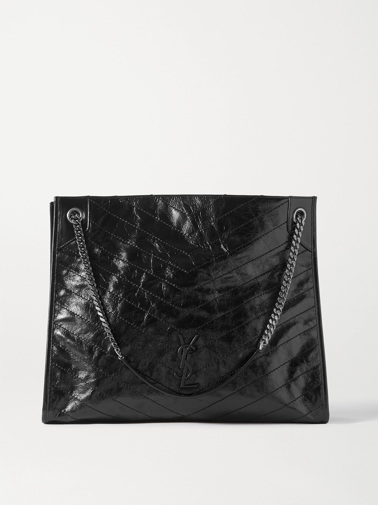 Saint Laurent Niki Large Quilted Crinkled Glossed-leather Tote In Black