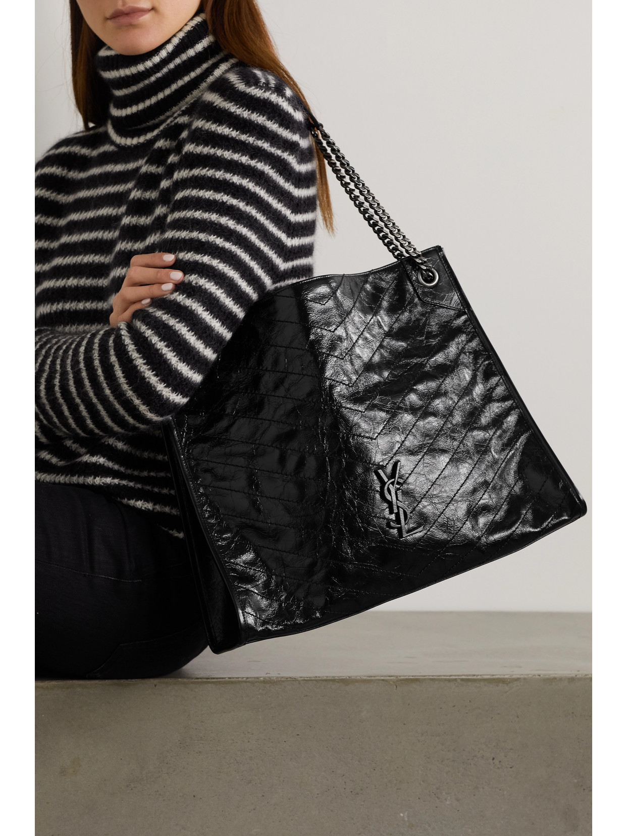 Saint Laurent Niki Large Quilted Crinkled Glossed-leather Tote In Black