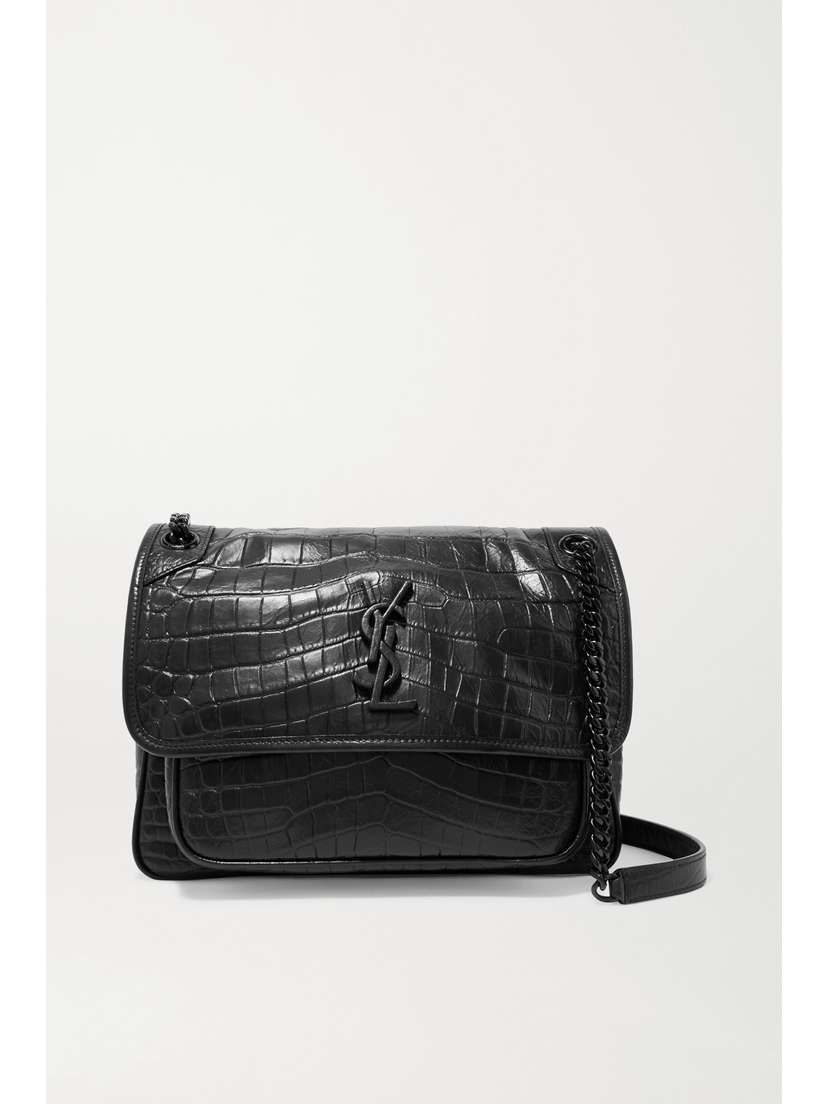 Saint Laurent Niki Medium Glossed Croc-effect Leather Shoulder Bag