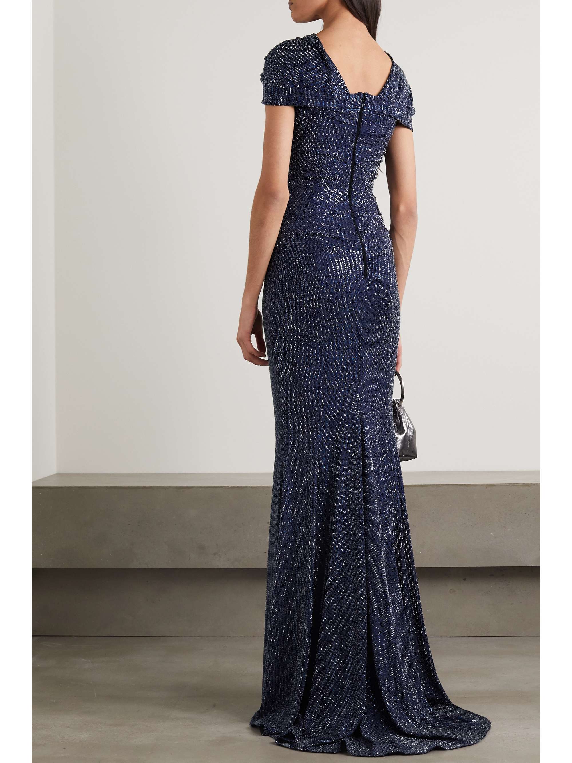 TALBOT RUNHOF Gathered sequined metallic stretch-crepe gown