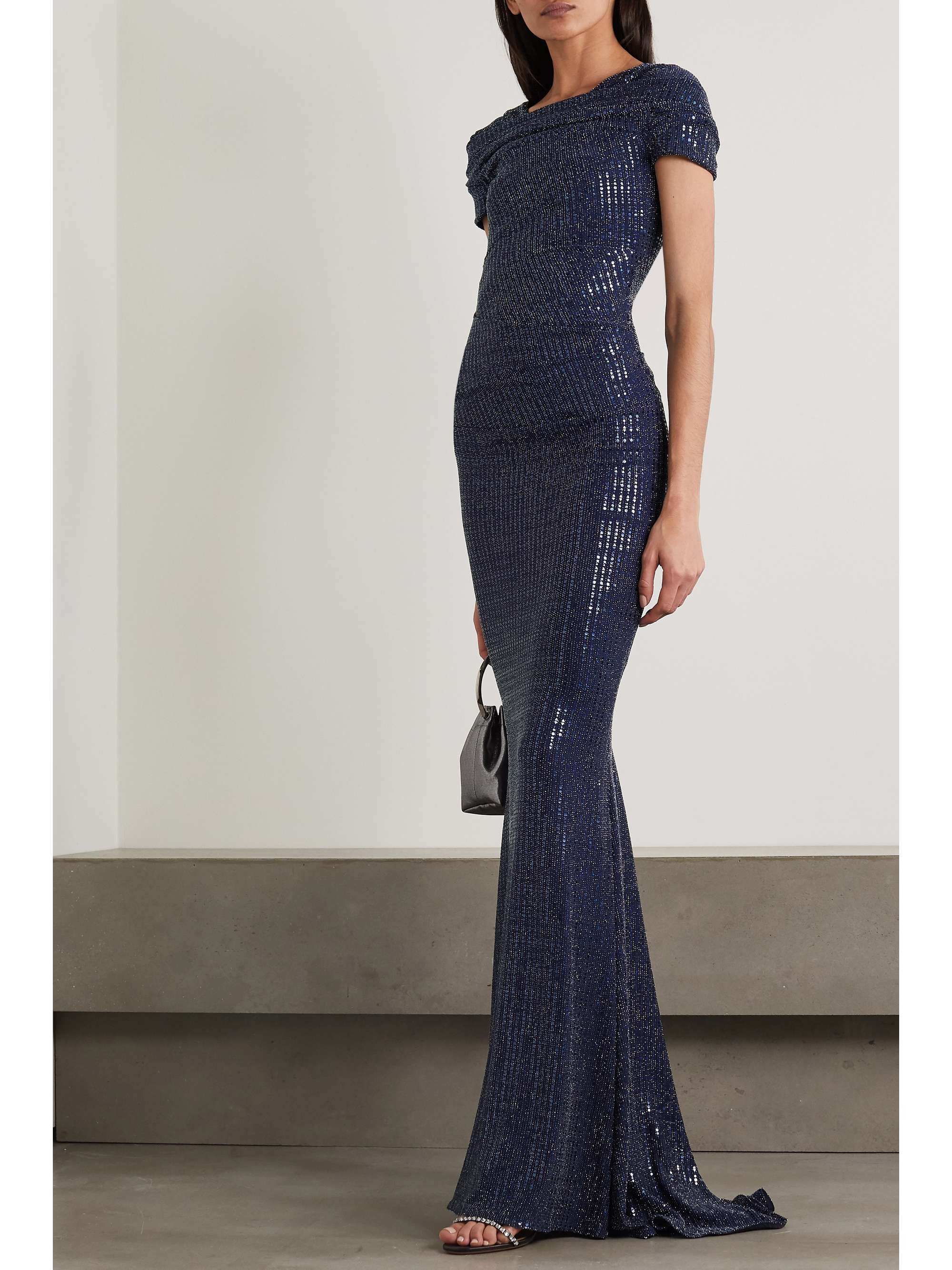 Navy Gathered sequined metallic stretch ...