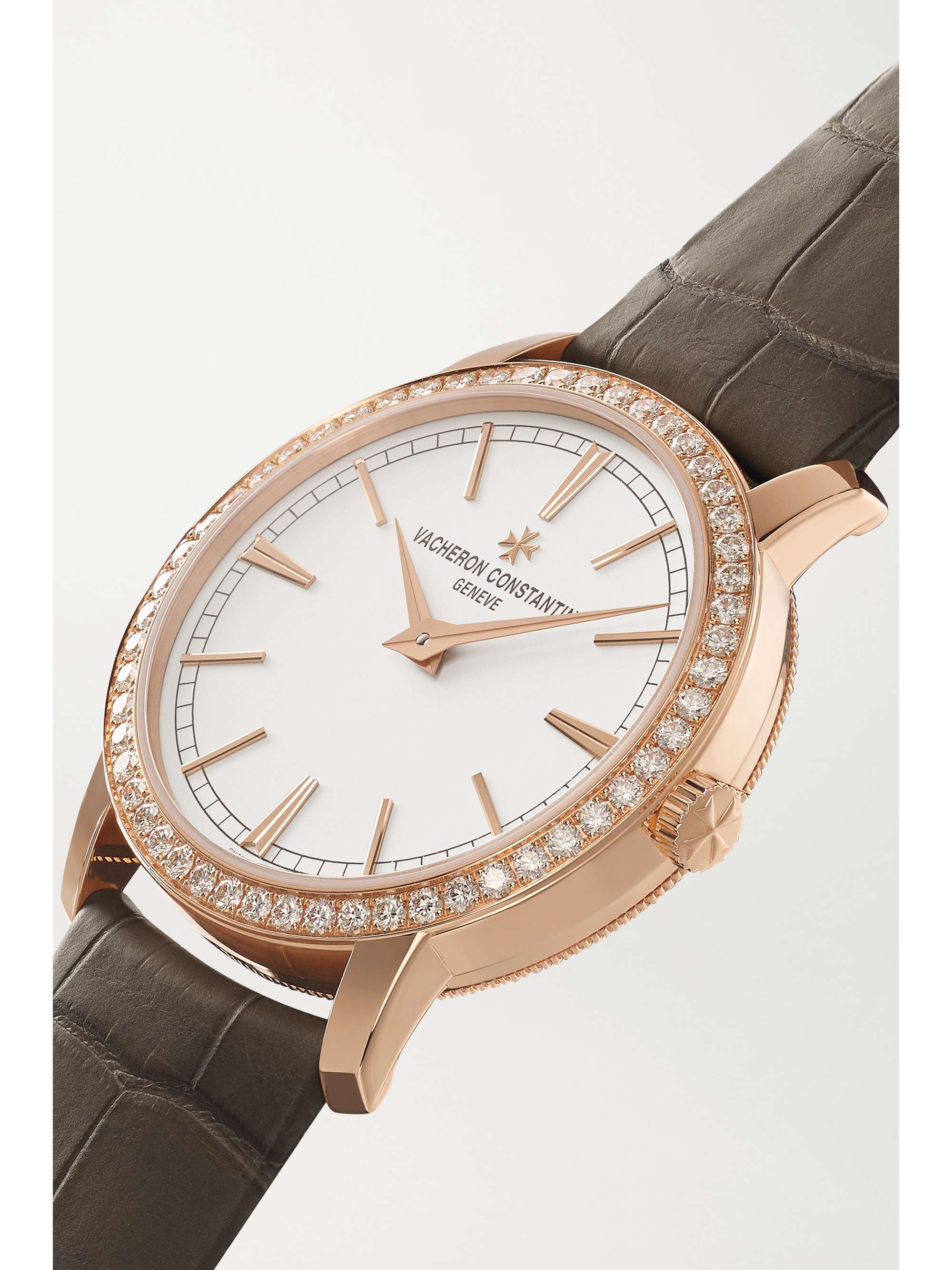 VACHERON CONSTANTIN Traditionnelle Hand-Wound 33 mm Uhr aus 18 Karat Roségold mit Diamanten und Alligatorlederarmband