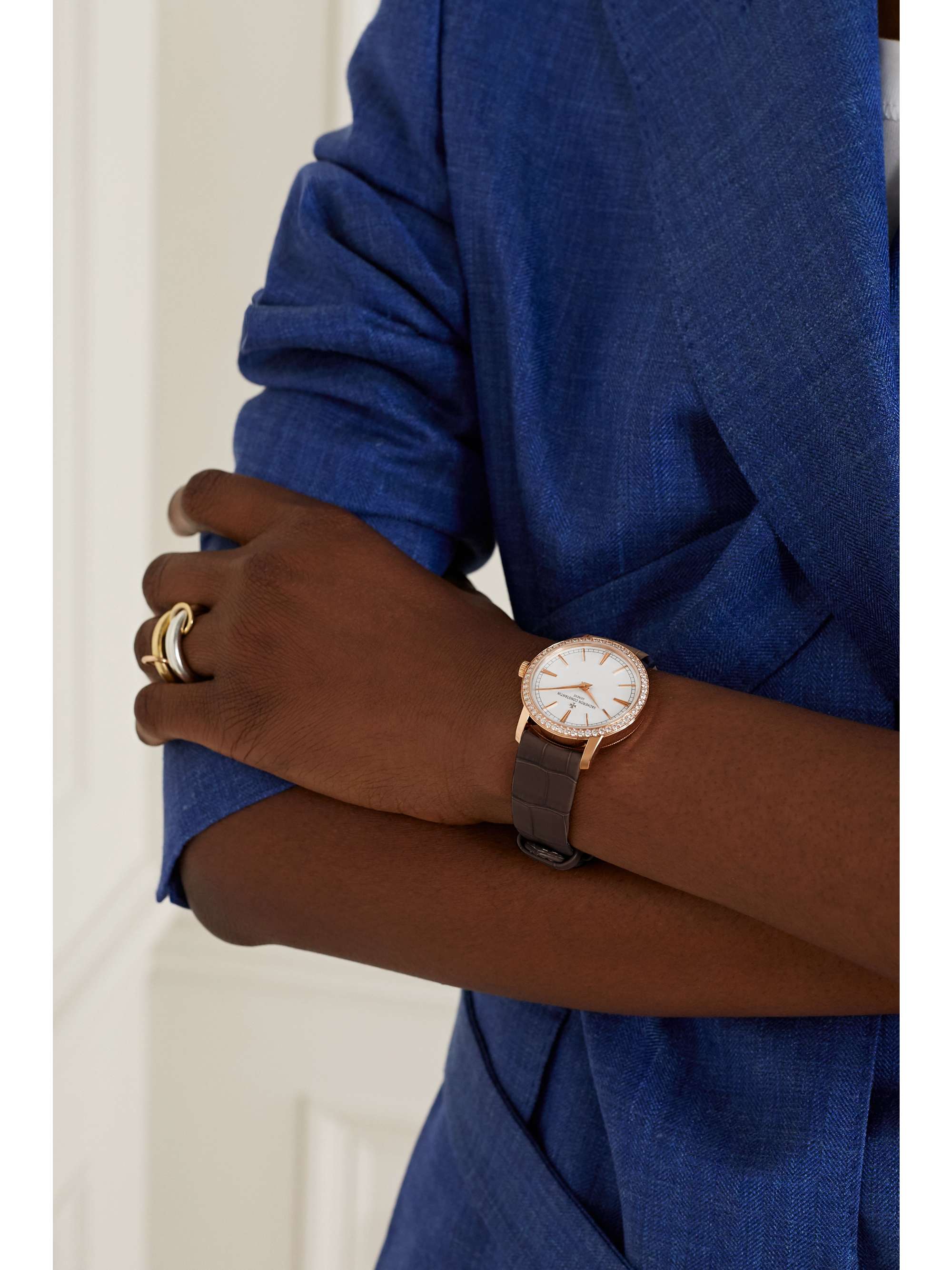 VACHERON CONSTANTIN Traditionnelle Hand-Wound 33 mm Uhr aus 18 Karat Roségold mit Diamanten und Alligatorlederarmband