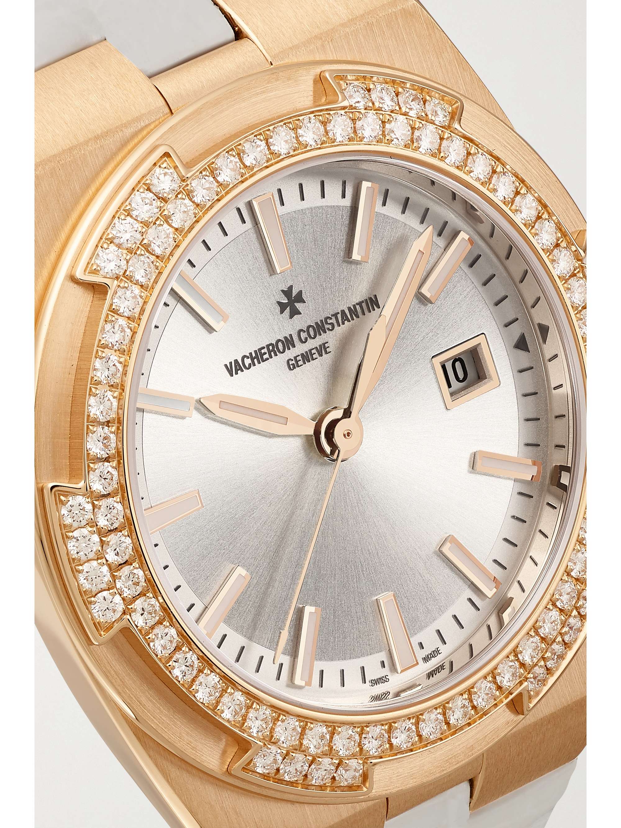 VACHERON CONSTANTIN Montre en or rose 18 carats (750/1000) et diamants à bracelet en alligator Overseas, 33 mm