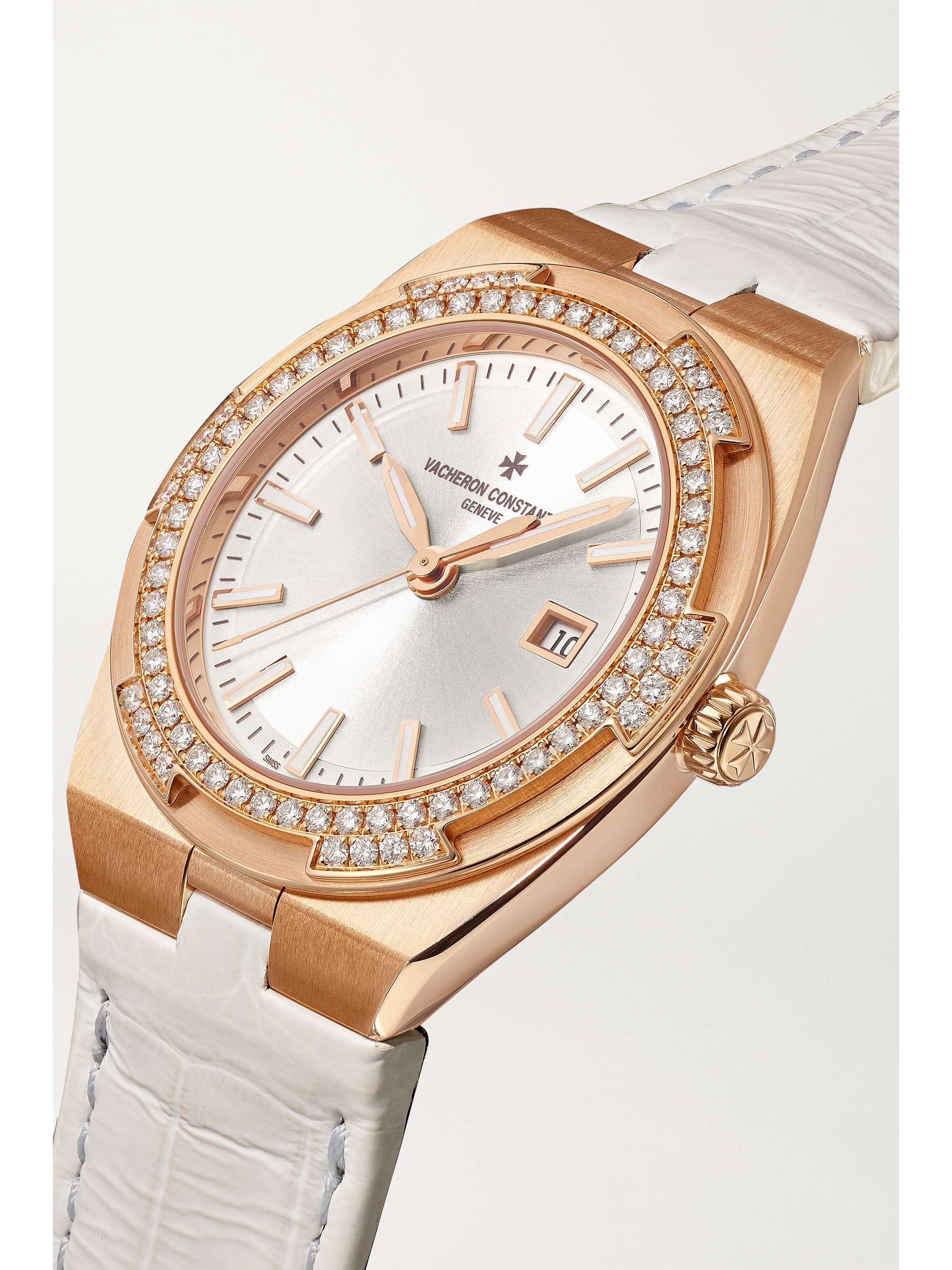 VACHERON CONSTANTIN Montre en or rose 18 carats (750/1000) et diamants à bracelet en alligator Overseas, 33 mm