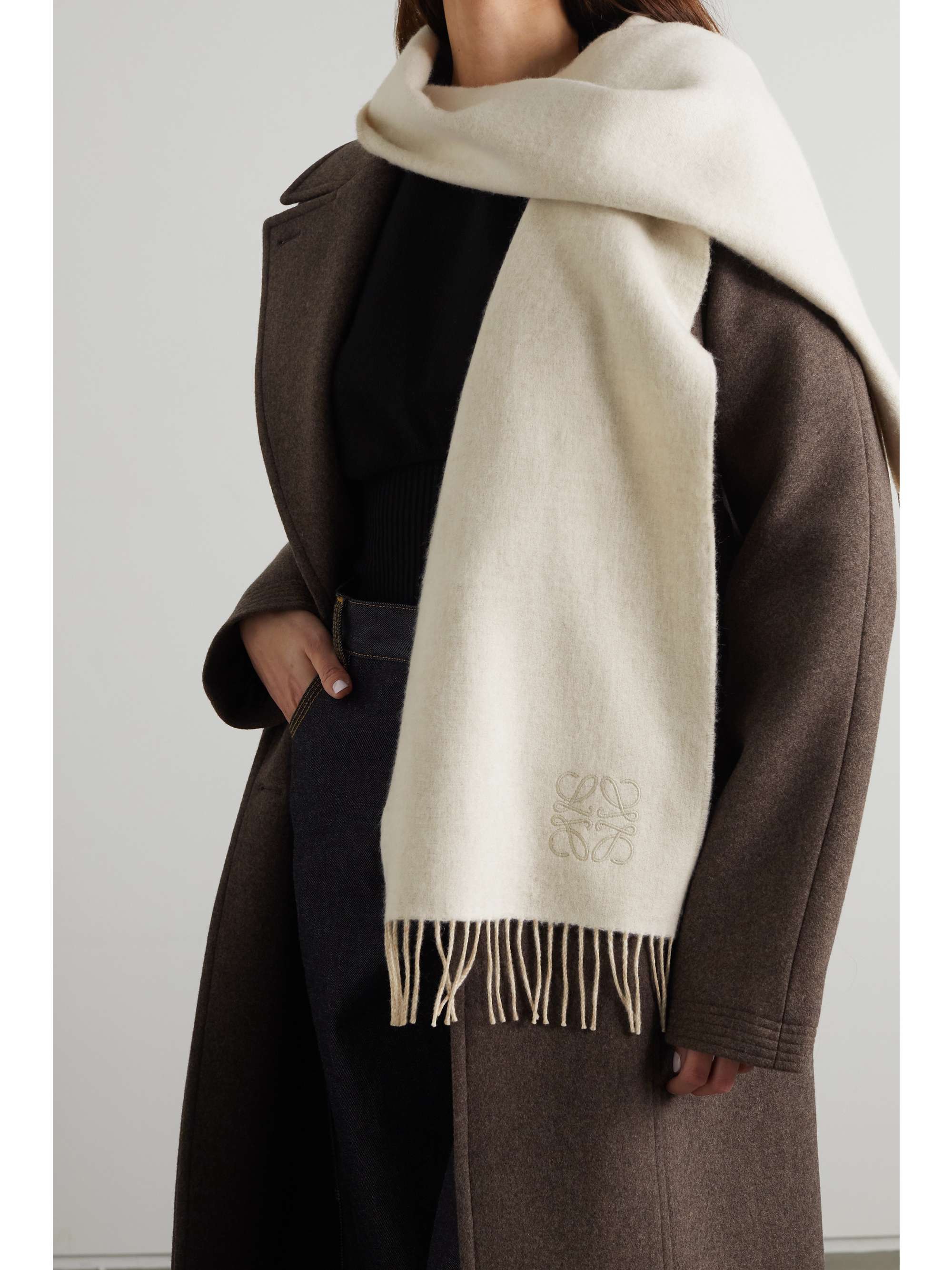 LOEWE Fringed logo-embroidered two-tone wool and cashmere-blend scarf