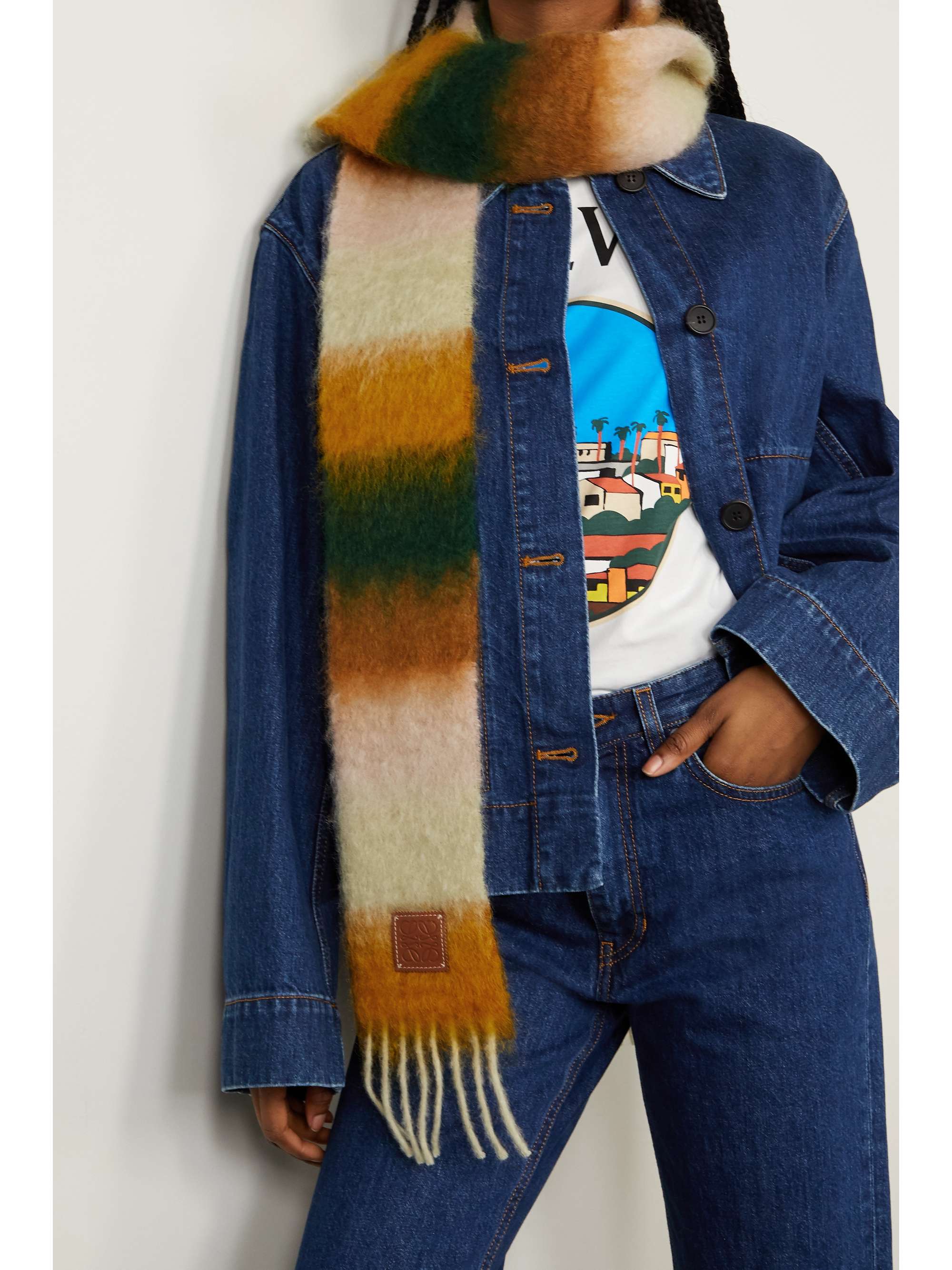 Orange Leather-trimmed fringed striped mohair-blend scarf | LOEWE | NET-A-PORTER