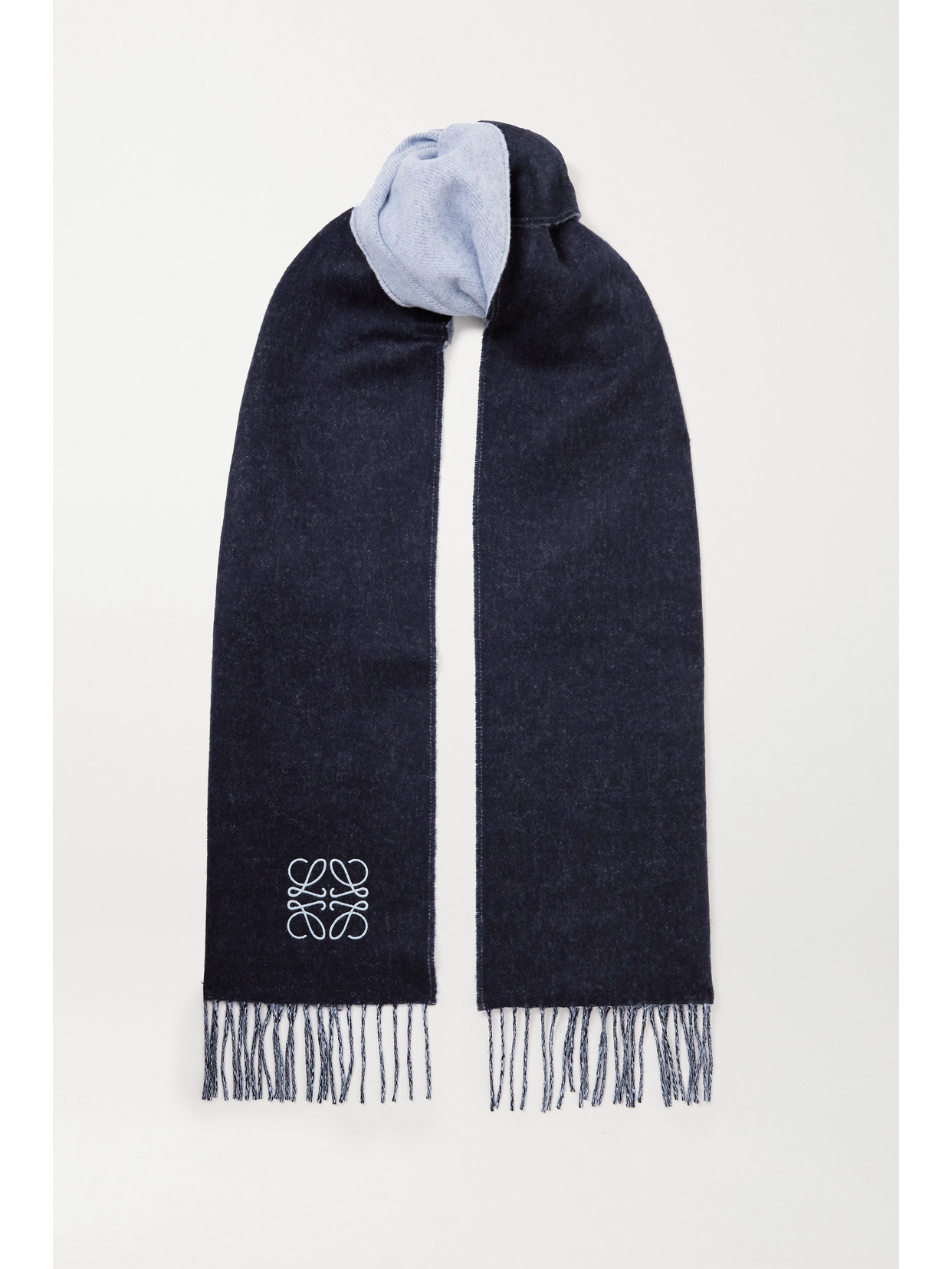 Loewe Fringed Embroidered Two-tone Wool And Cashmere-blend Scarf In Blue