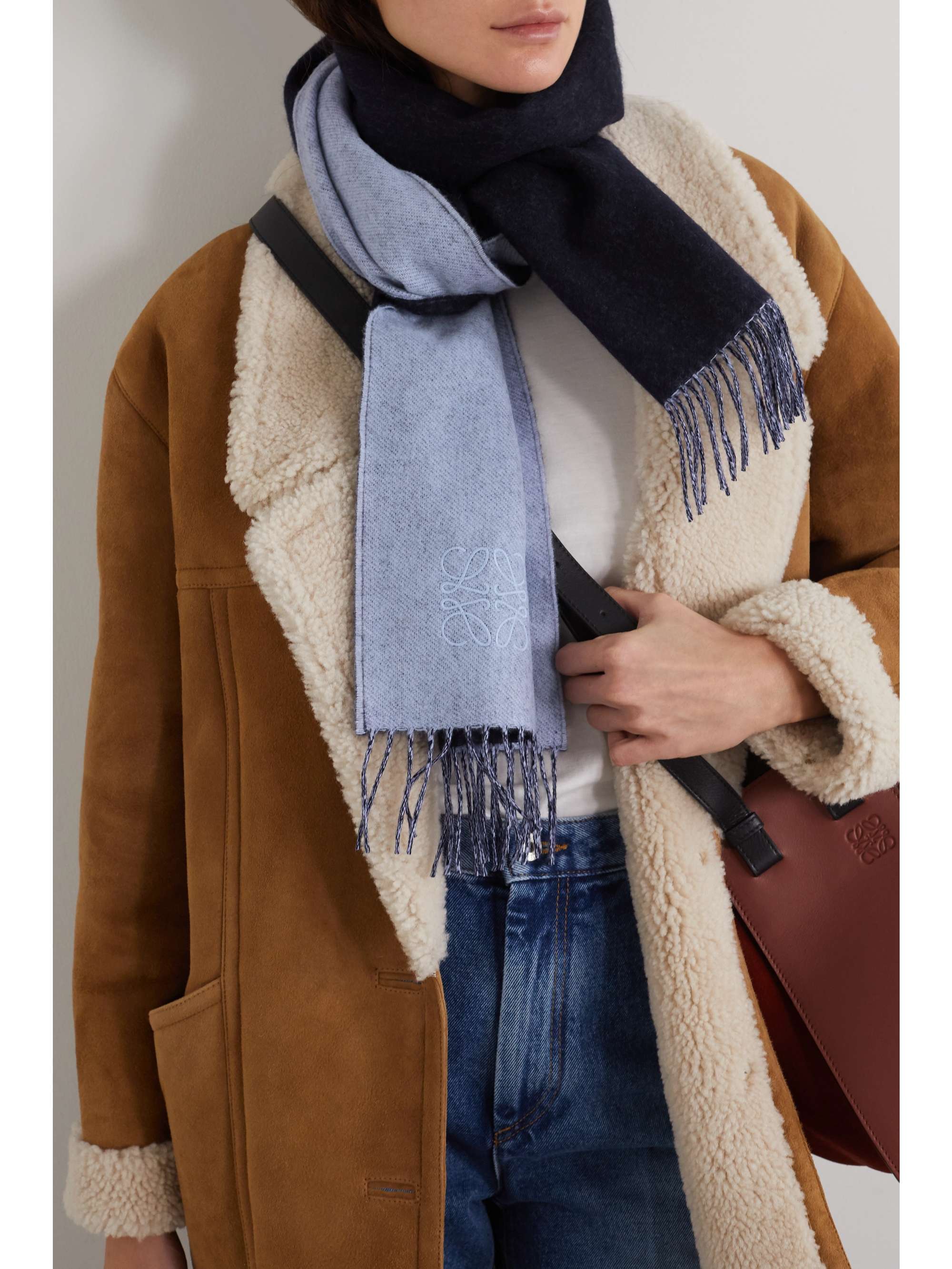 LOEWE Fringed logo-embroidered two-tone wool and cashmere-blend scarf
