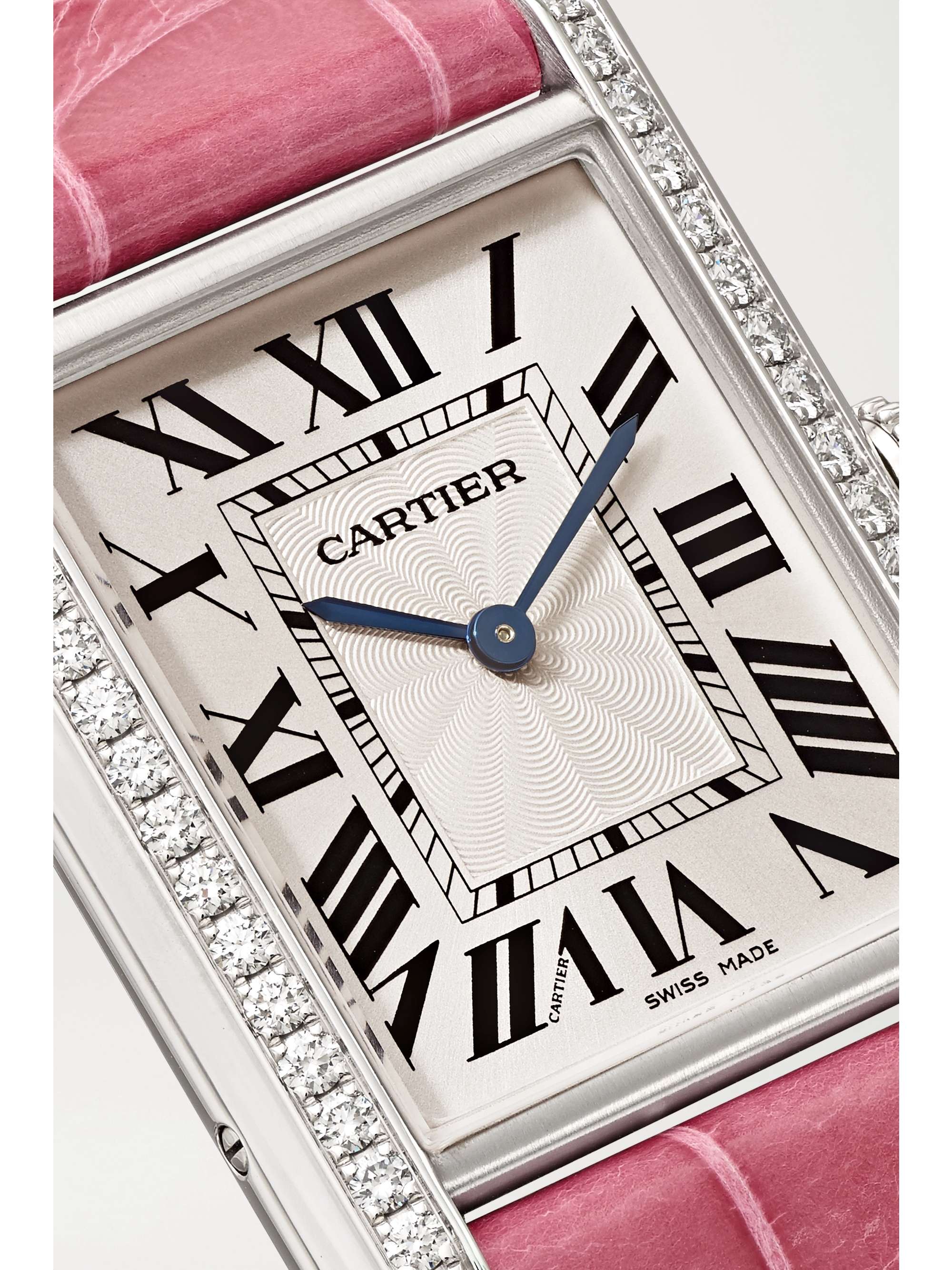 CARTIER Tank Louis Cartier 25.5mm large rhodiumized 18-karat white gold, alligator and diamond watch