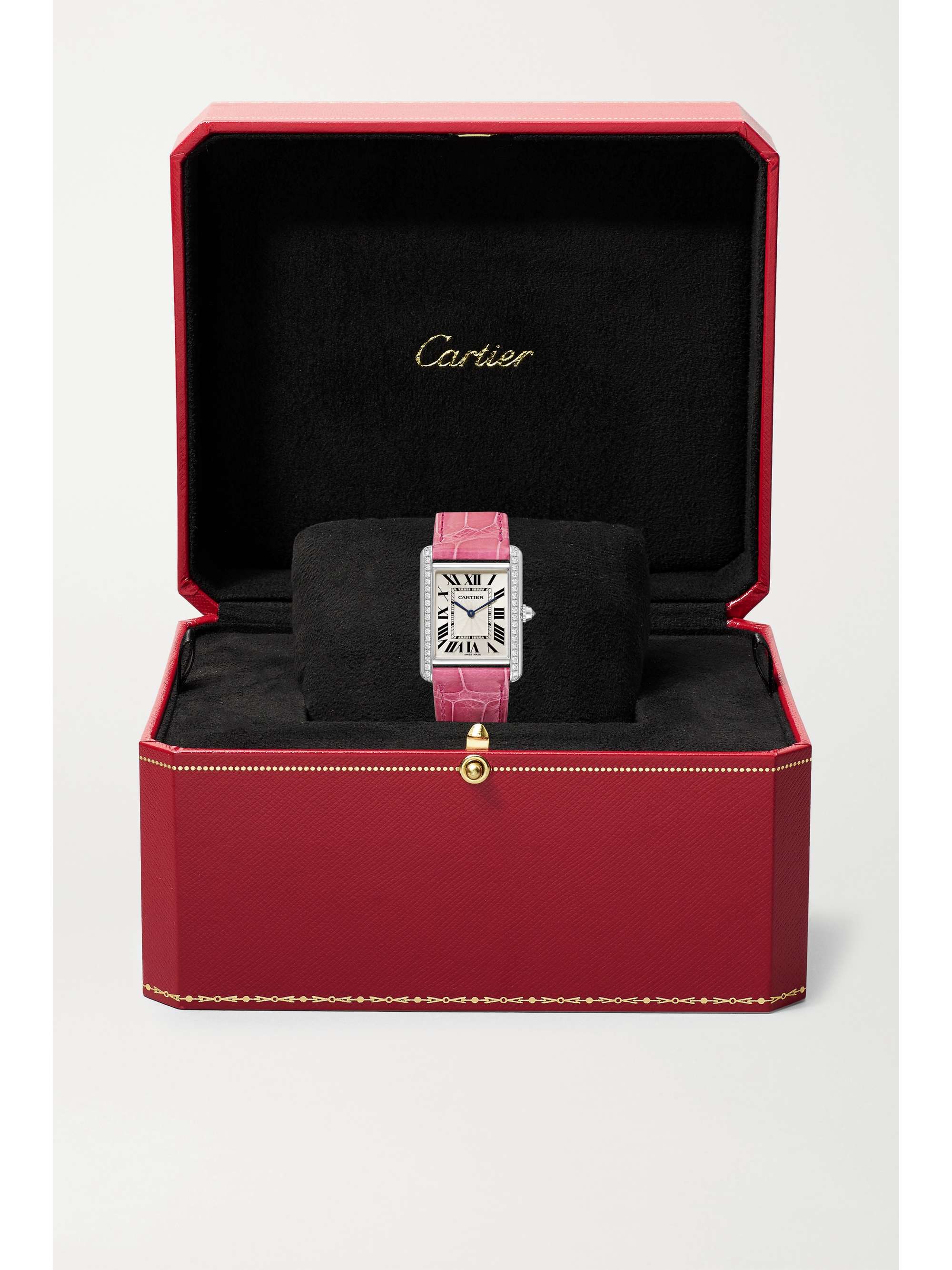 CARTIER Tank Louis Cartier 25.5mm large rhodiumized 18-karat white gold, alligator and diamond watch