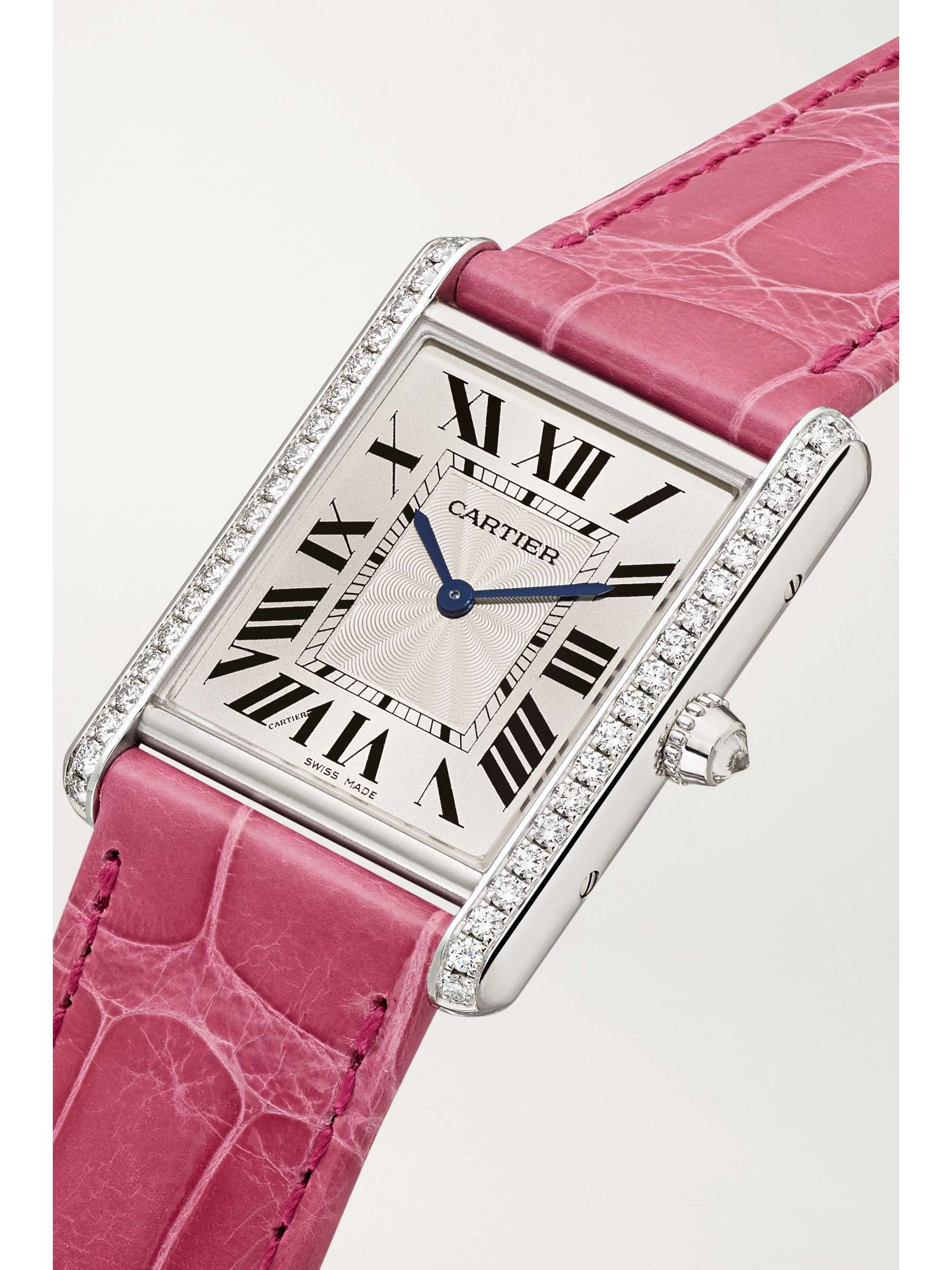 CARTIER Tank Louis Cartier 25.5mm large rhodiumized 18-karat white gold, alligator and diamond watch