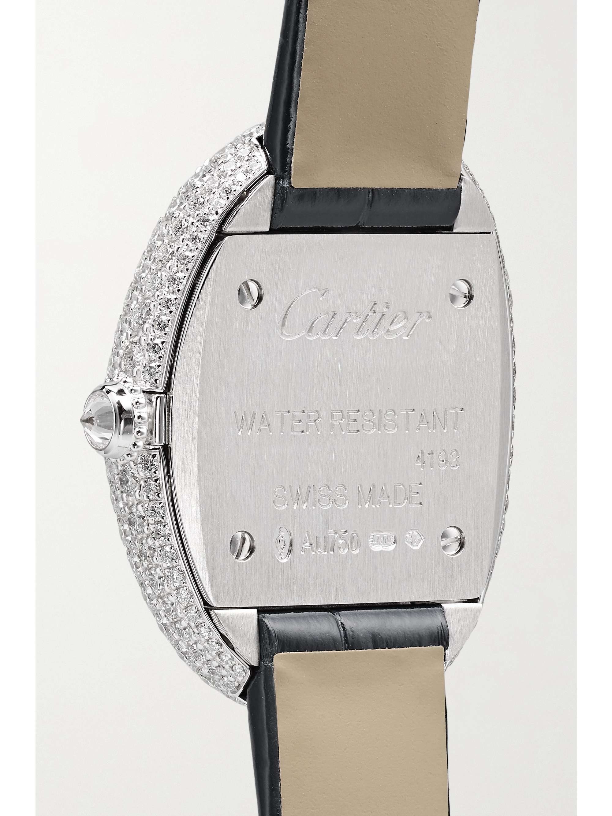 CARTIER Montre en or blanc 18 carats (750/1000) rhodié et diamants à bracelet en alligator Baignoire 1920 26mm Small