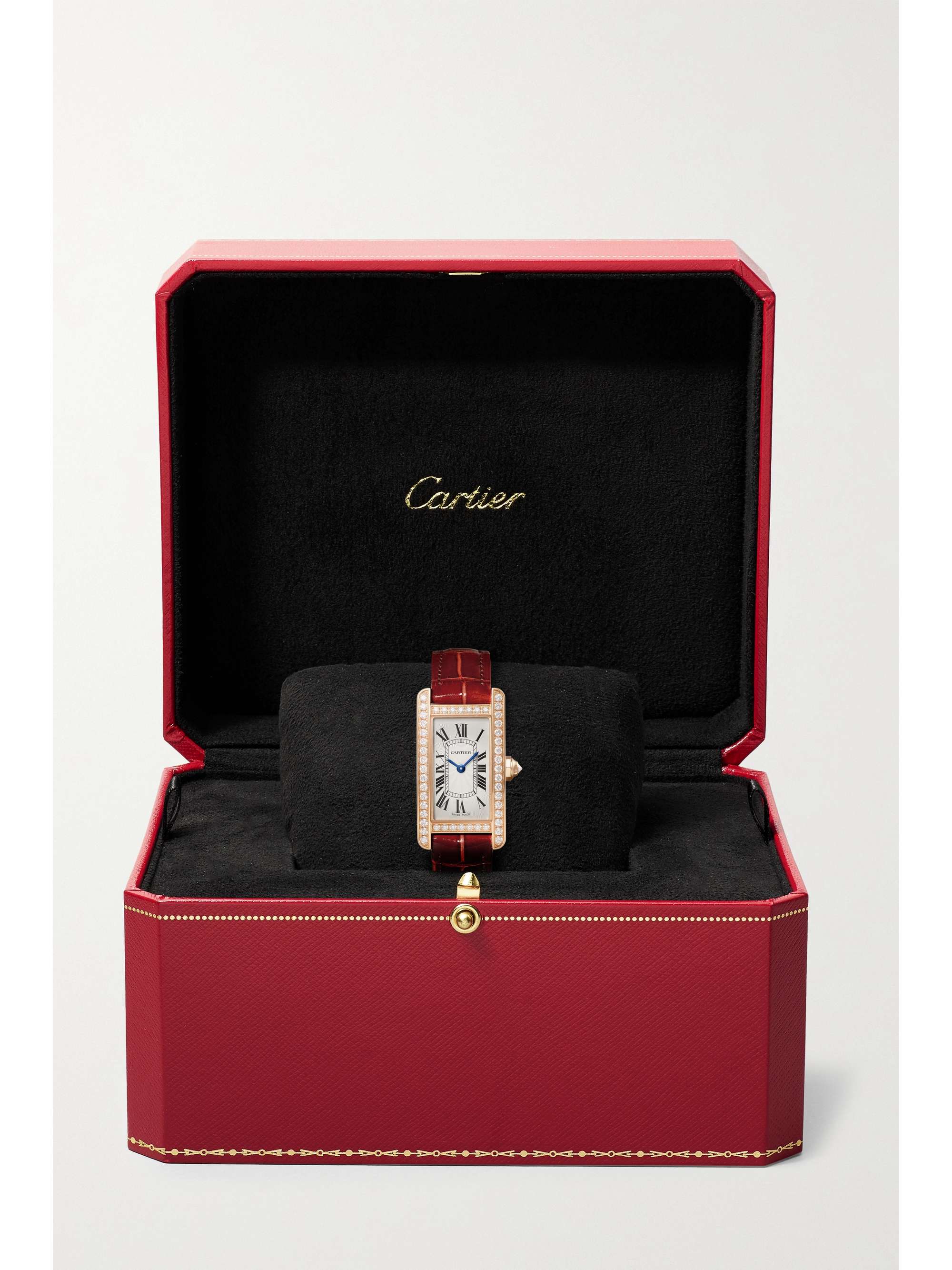 CARTIER Tank Américaine 34.8mm small 18-karat rose gold, alligator and diamond watch