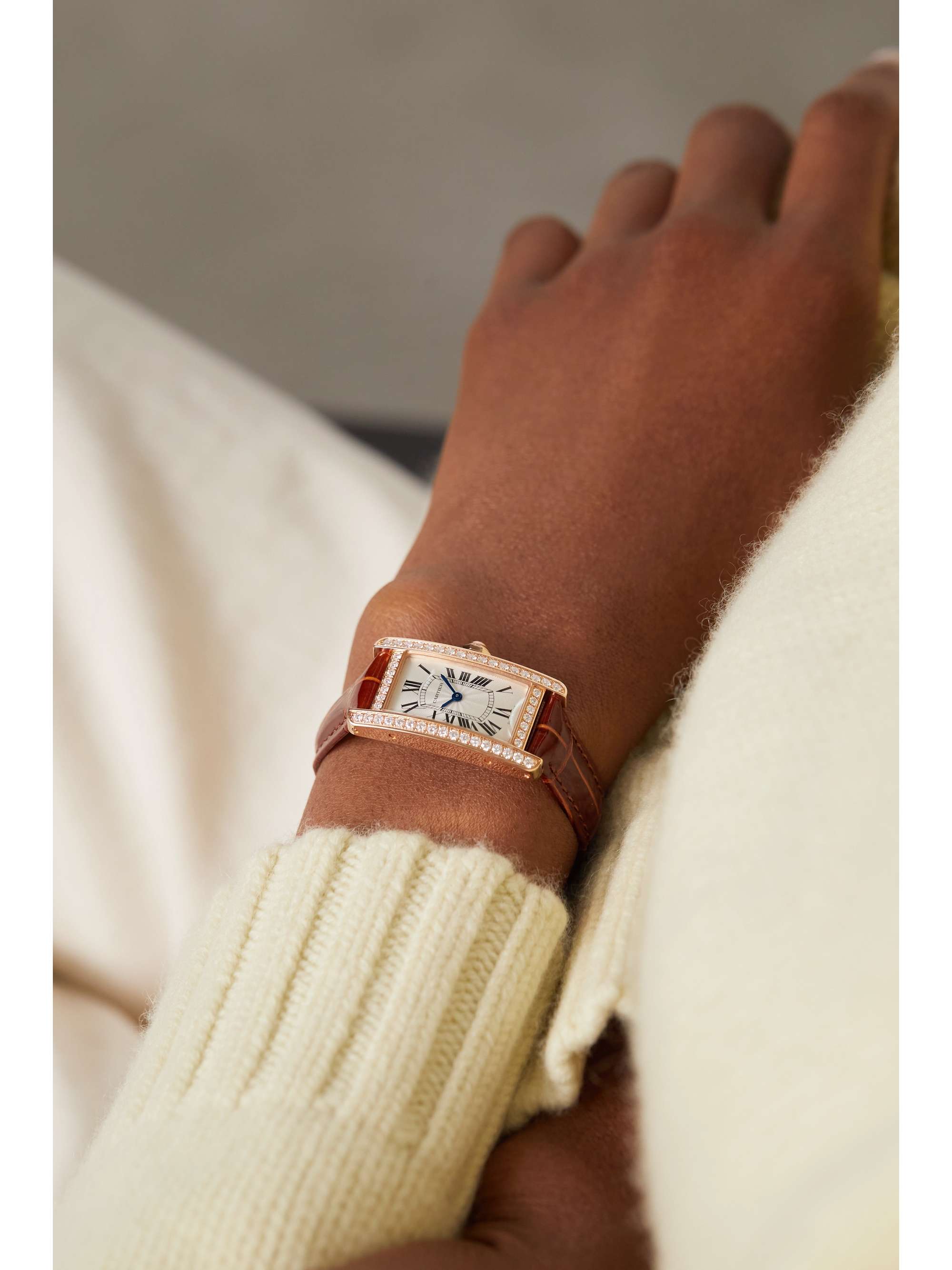 CARTIER Tank Américaine 34.8mm small 18-karat rose gold, alligator and diamond watch