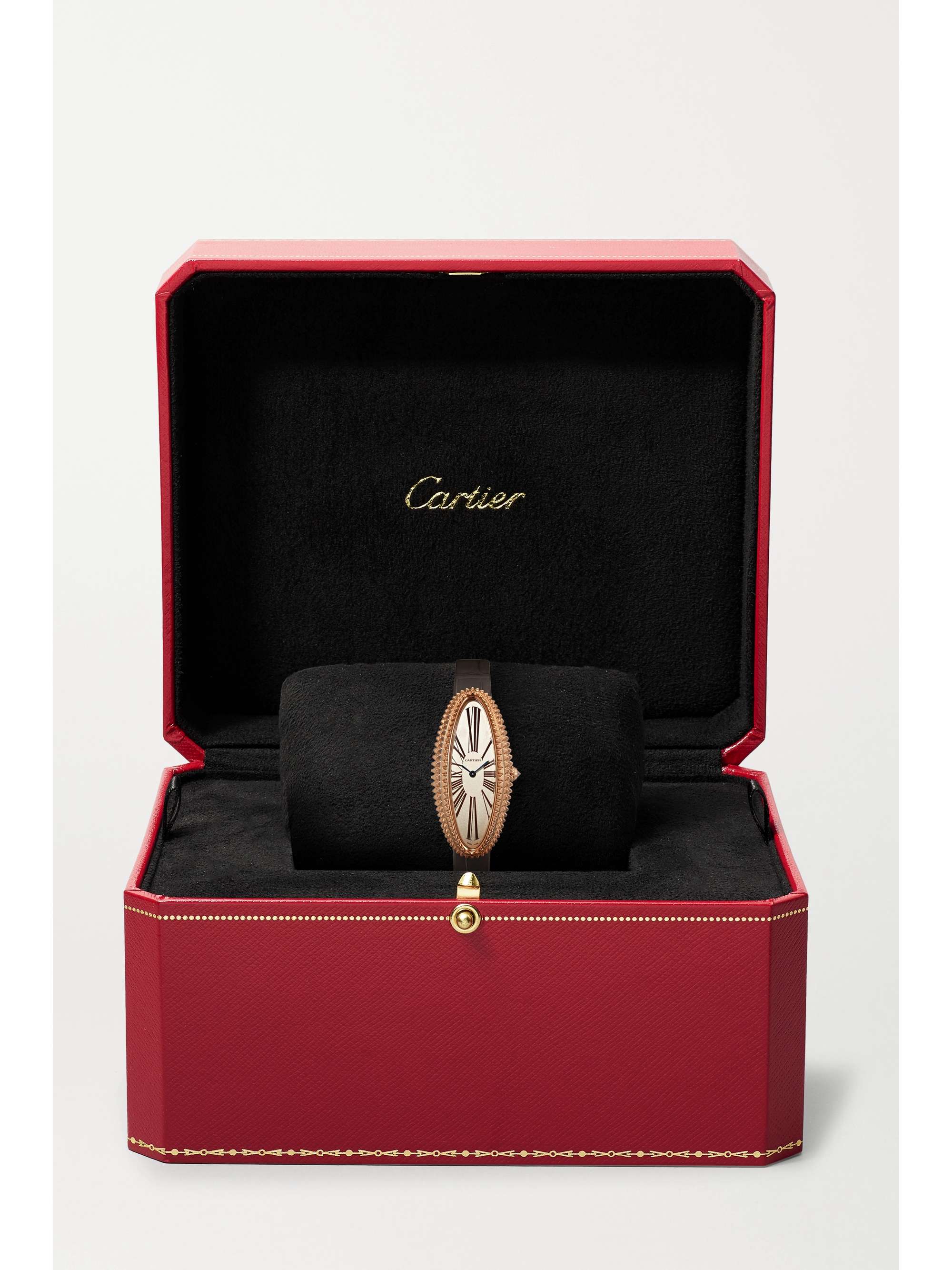 CARTIER Baignoire Allongée 47mm medium 18-karat rose gold, alligator and diamond watch