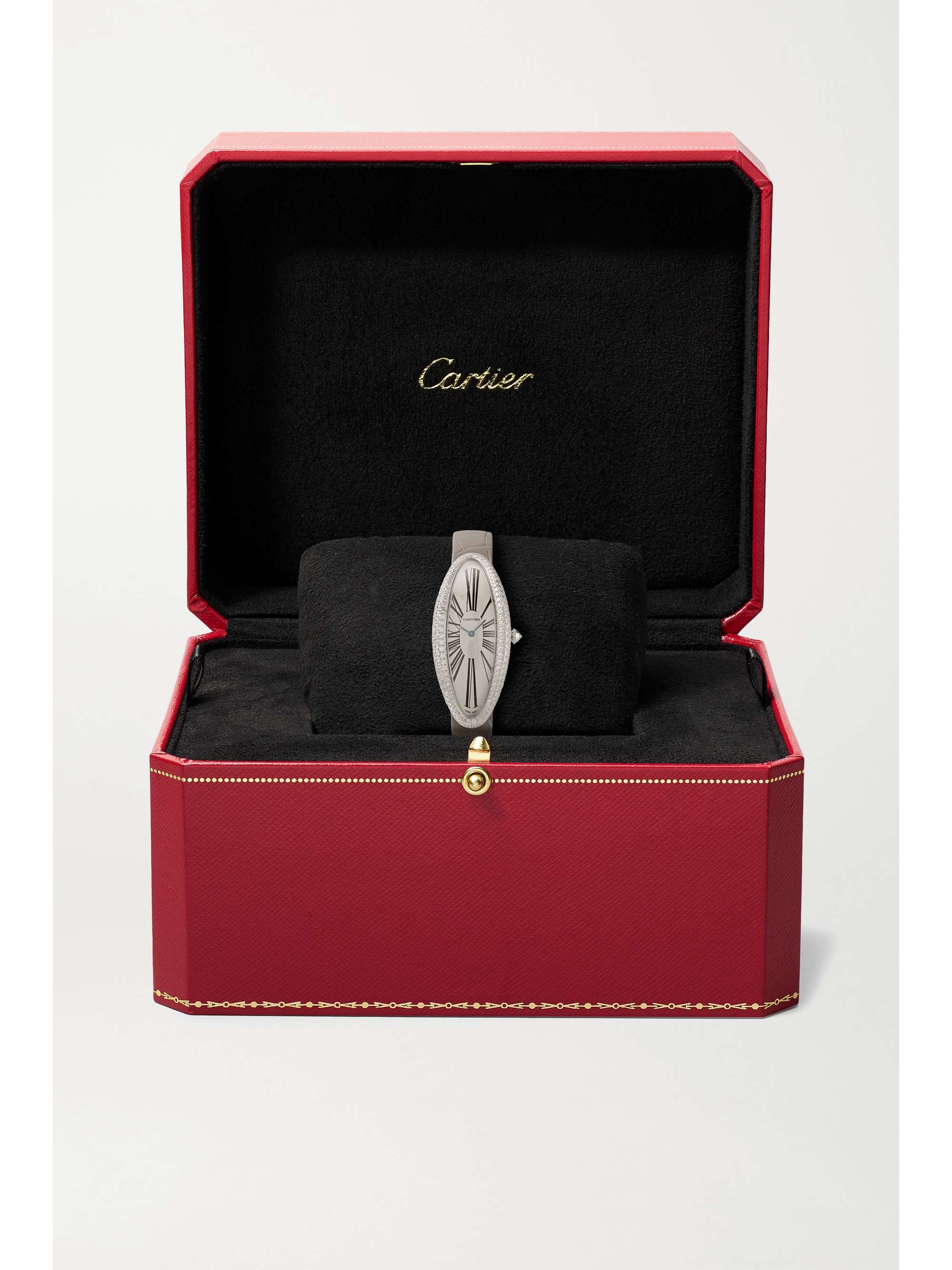 CARTIER Baignoire Allongée Automatic 23mm extra large rhodium-finished 18-karat white gold, alligator and diamond watch