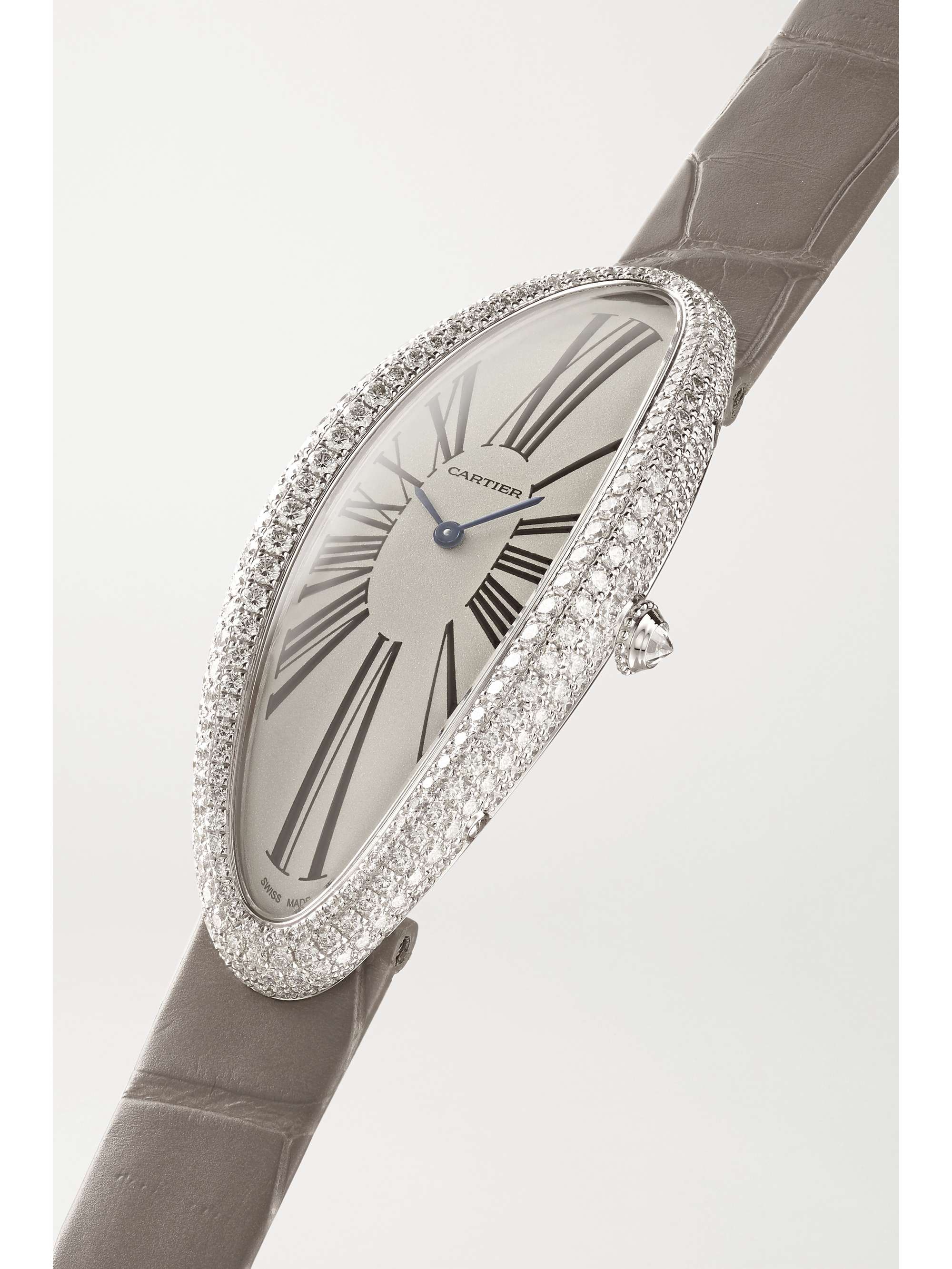 CARTIER Baignoire Allongée Automatic 23mm extra large rhodium-finished 18-karat white gold, alligator and diamond watch