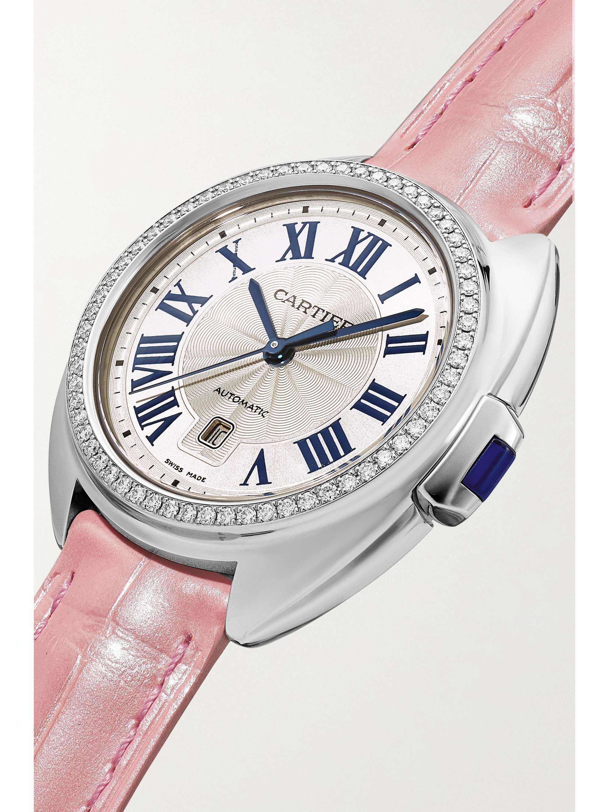 CARTIER Clé de Cartier Automatic 34.11mm stainless steel, alligator and diamond watch