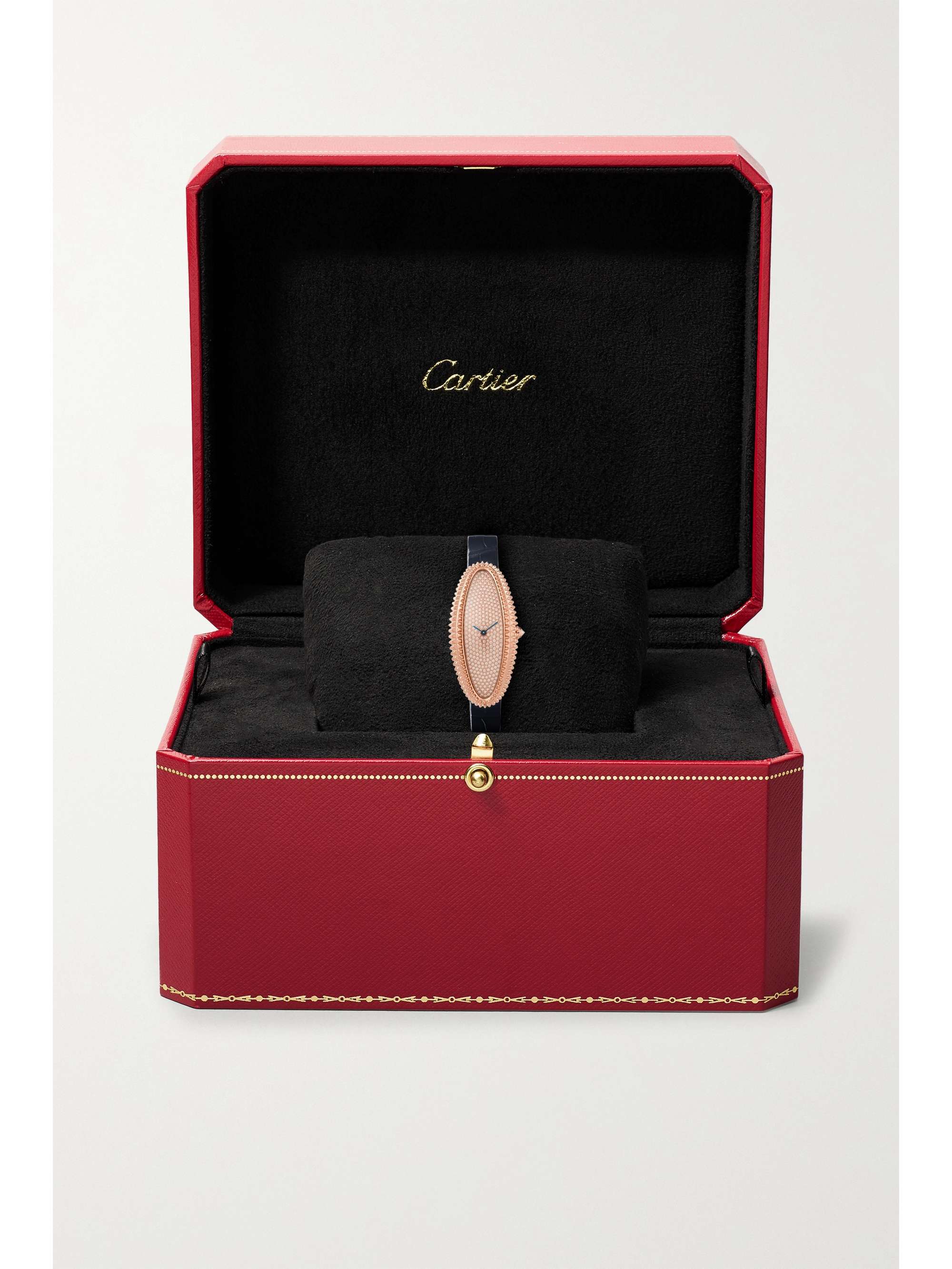 CARTIER Baignoire Allongée 21mm medium 18-karat rose gold, alligator and diamond watch