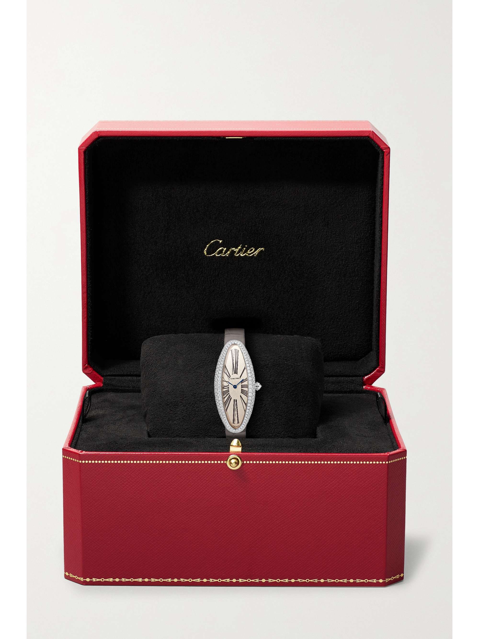 CARTIER Baignoire Allongée 21mm medium 18-karat white gold, alligator and diamond watch