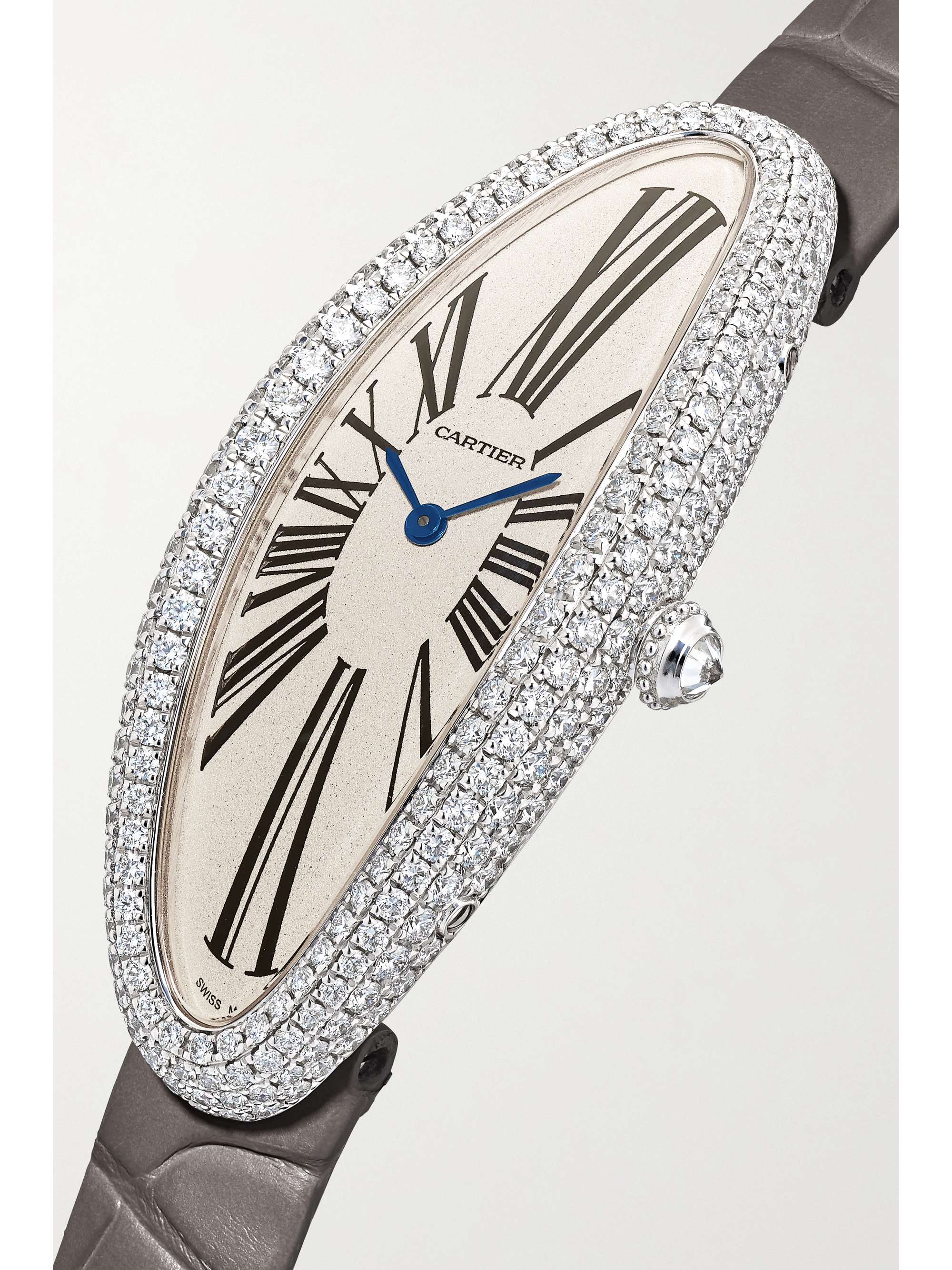 CARTIER Baignoire Allongée 21mm medium 18-karat white gold, alligator and diamond watch