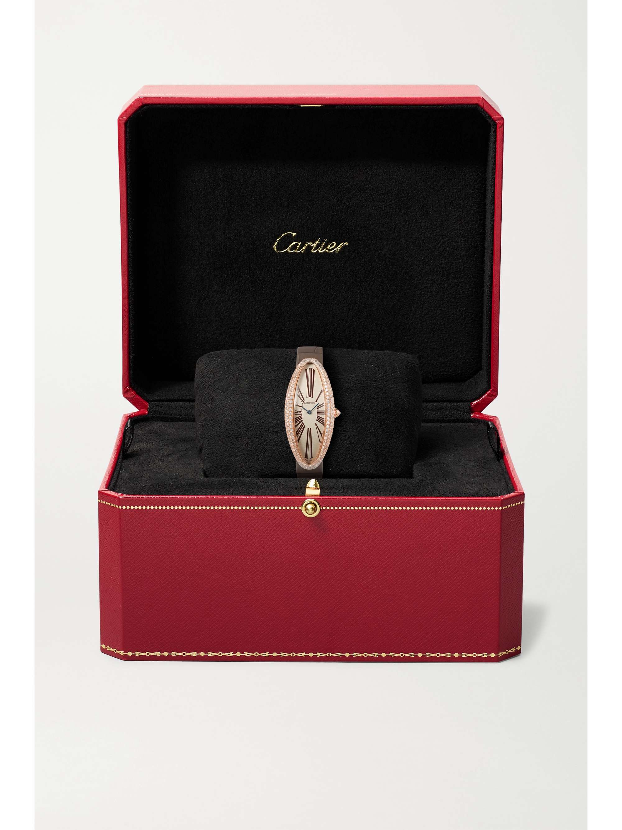 CARTIER Baignoire Allongée 23mm extra large 18-karat rose gold, alligator and diamond watch