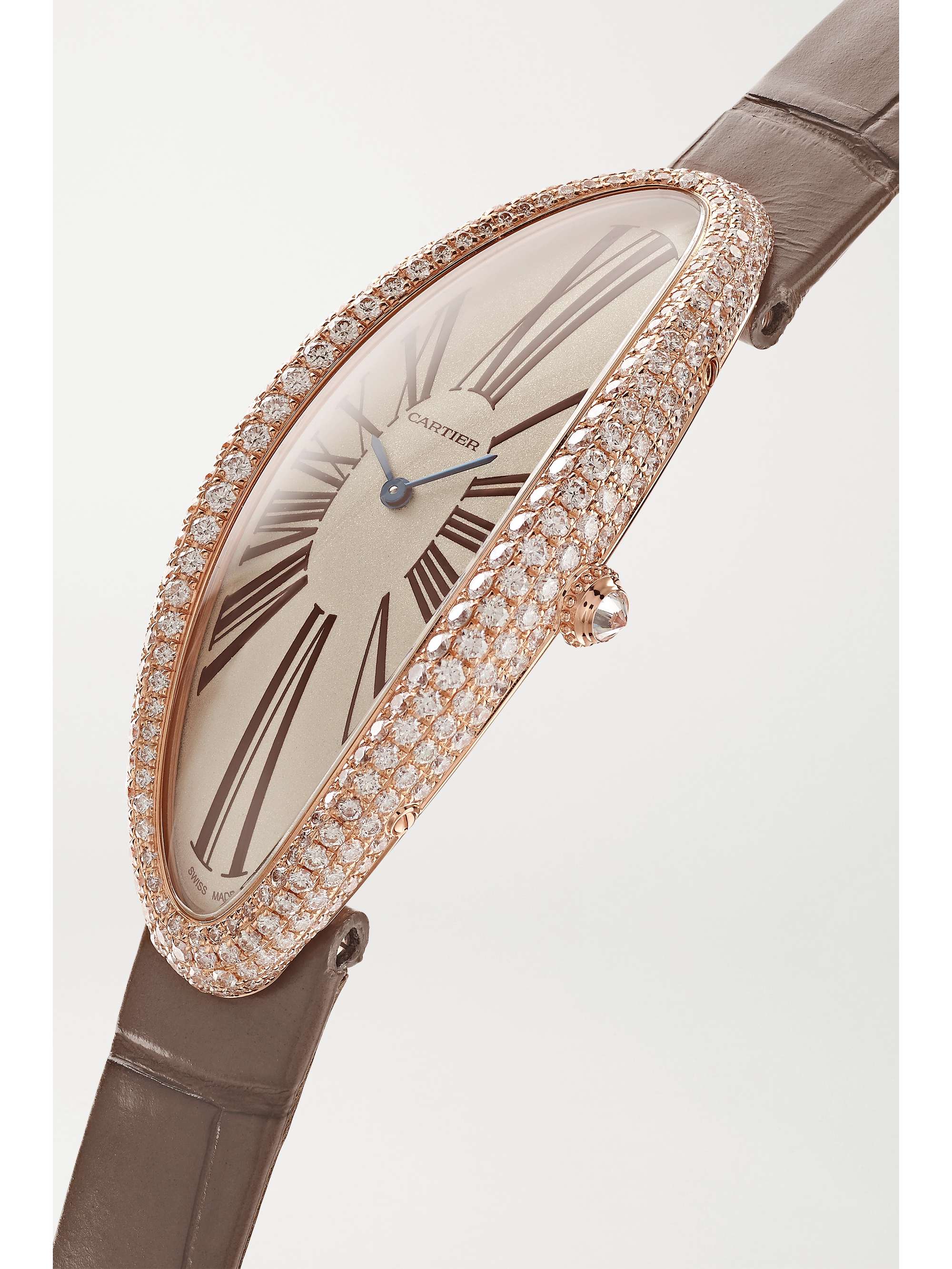 CARTIER Baignoire Allongée 23mm extra large 18-karat rose gold, alligator and diamond watch