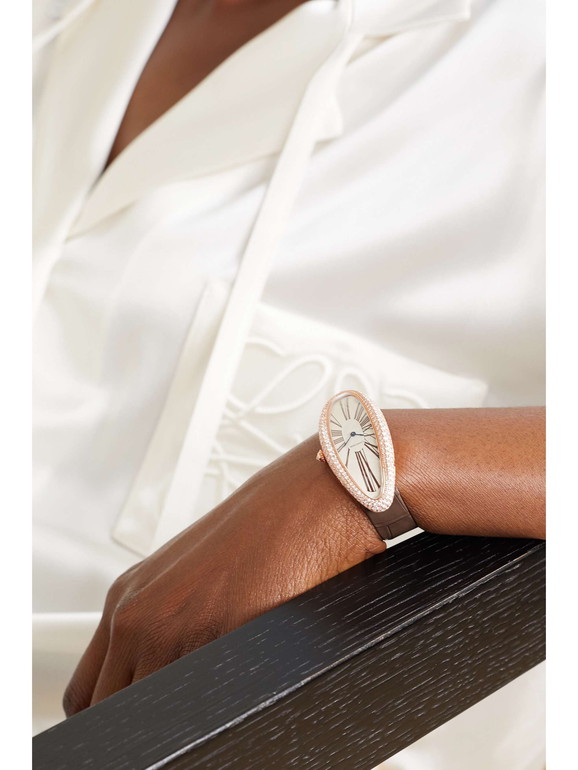 CARTIER Baignoire Allongée 23mm extra large 18-karat rose gold, alligator and diamond watch