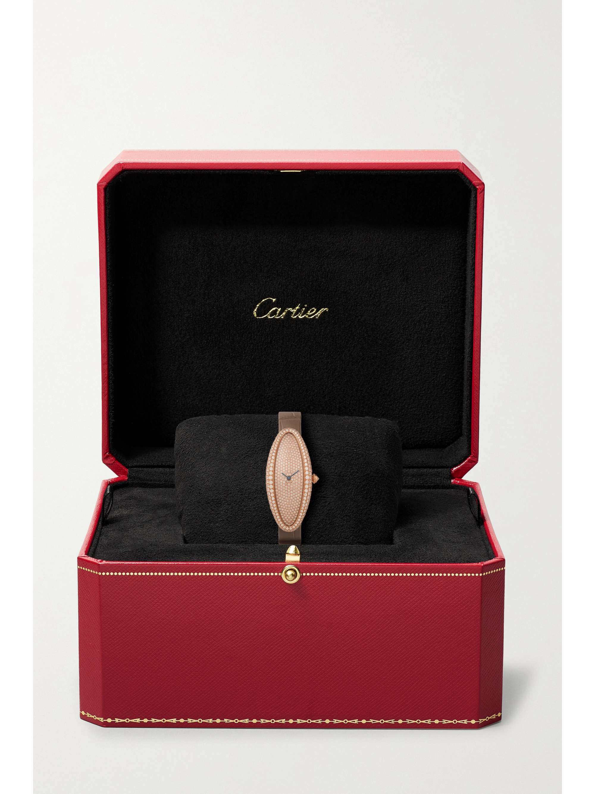 CARTIER Baignoire Allongée 21mm medium 18-karat rose gold, alligator and diamond watch