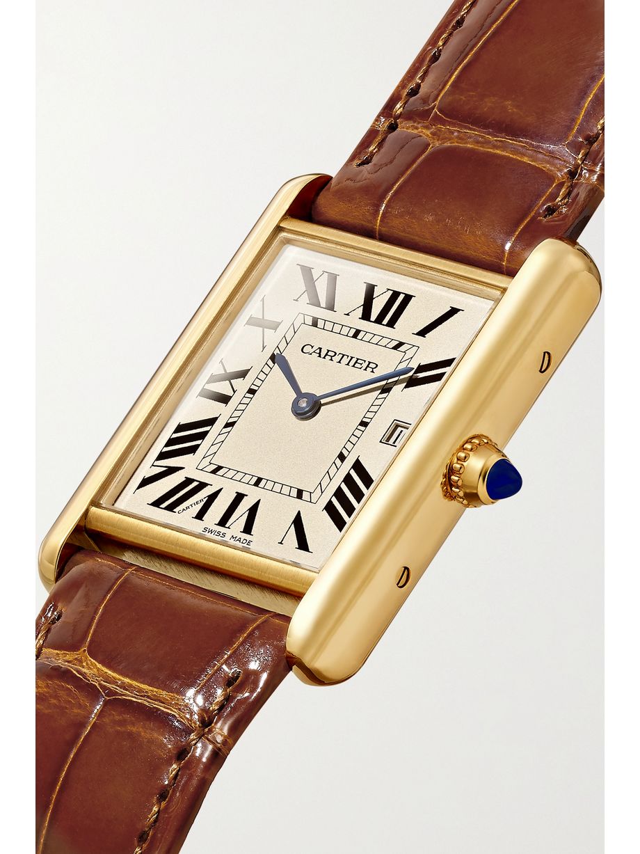 Gold Tank Louis Cartier 25.5mm large 18karat gold and alligator watch