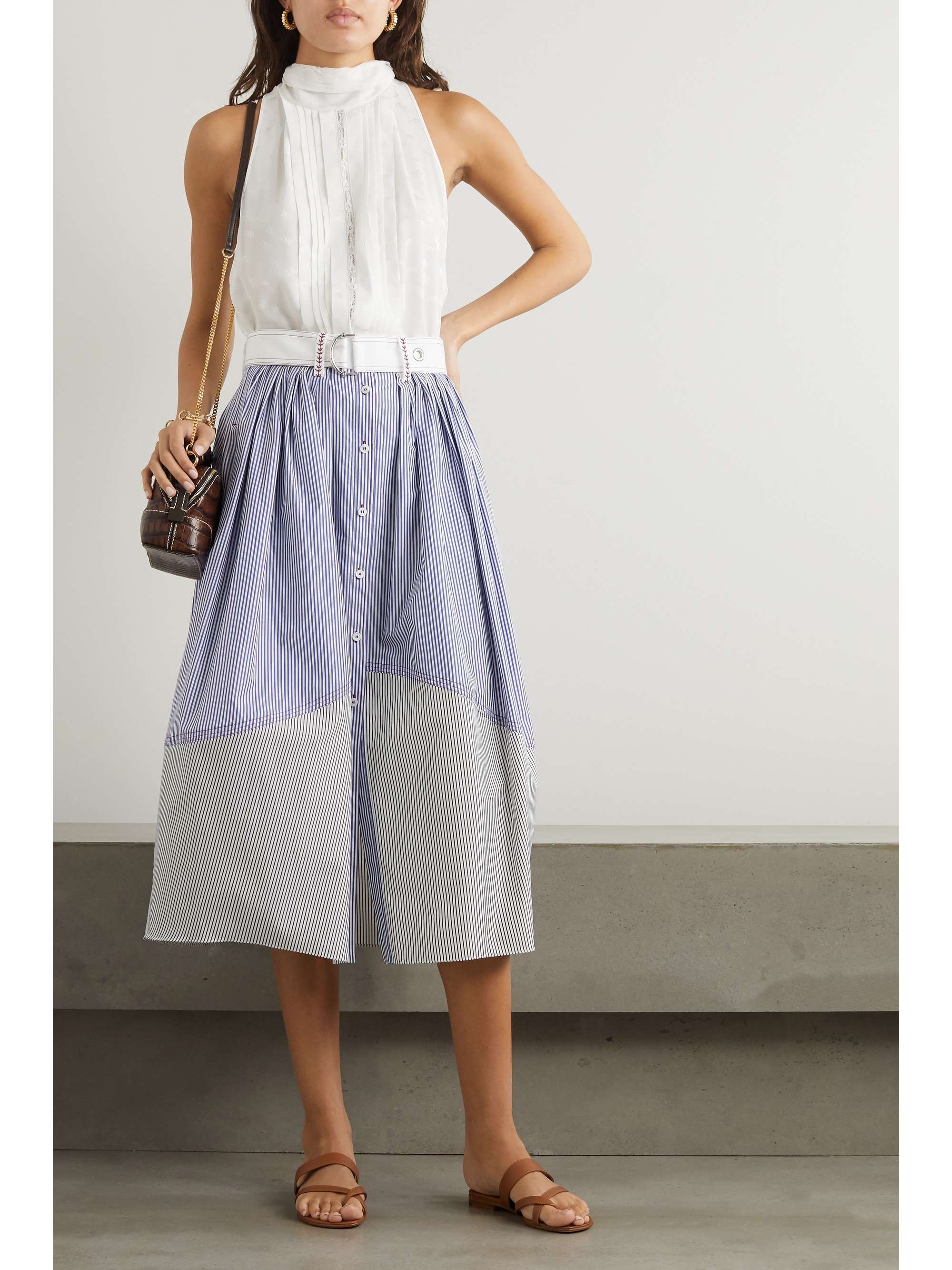 CHLOÉ Belted paneled striped cotton-poplin midi skirt