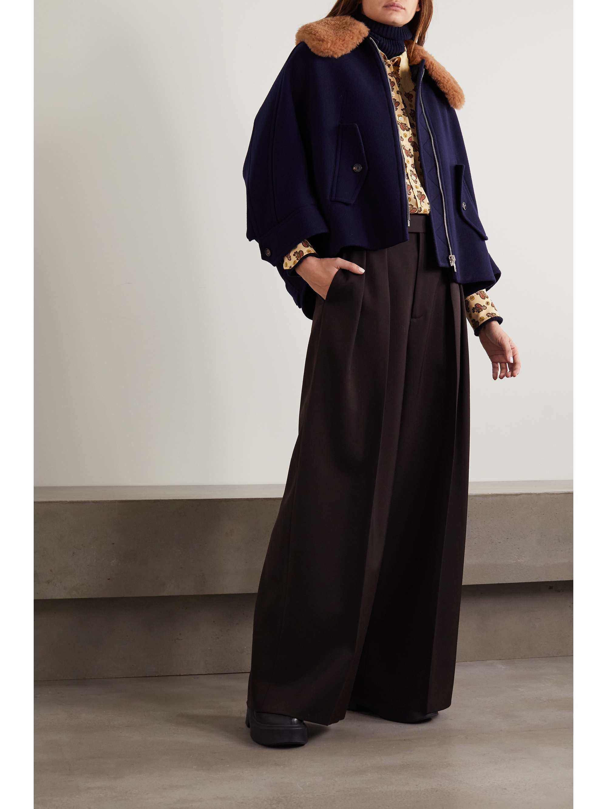 CHLOÉ Convertible shearling-trimmed wool-blend jacket
