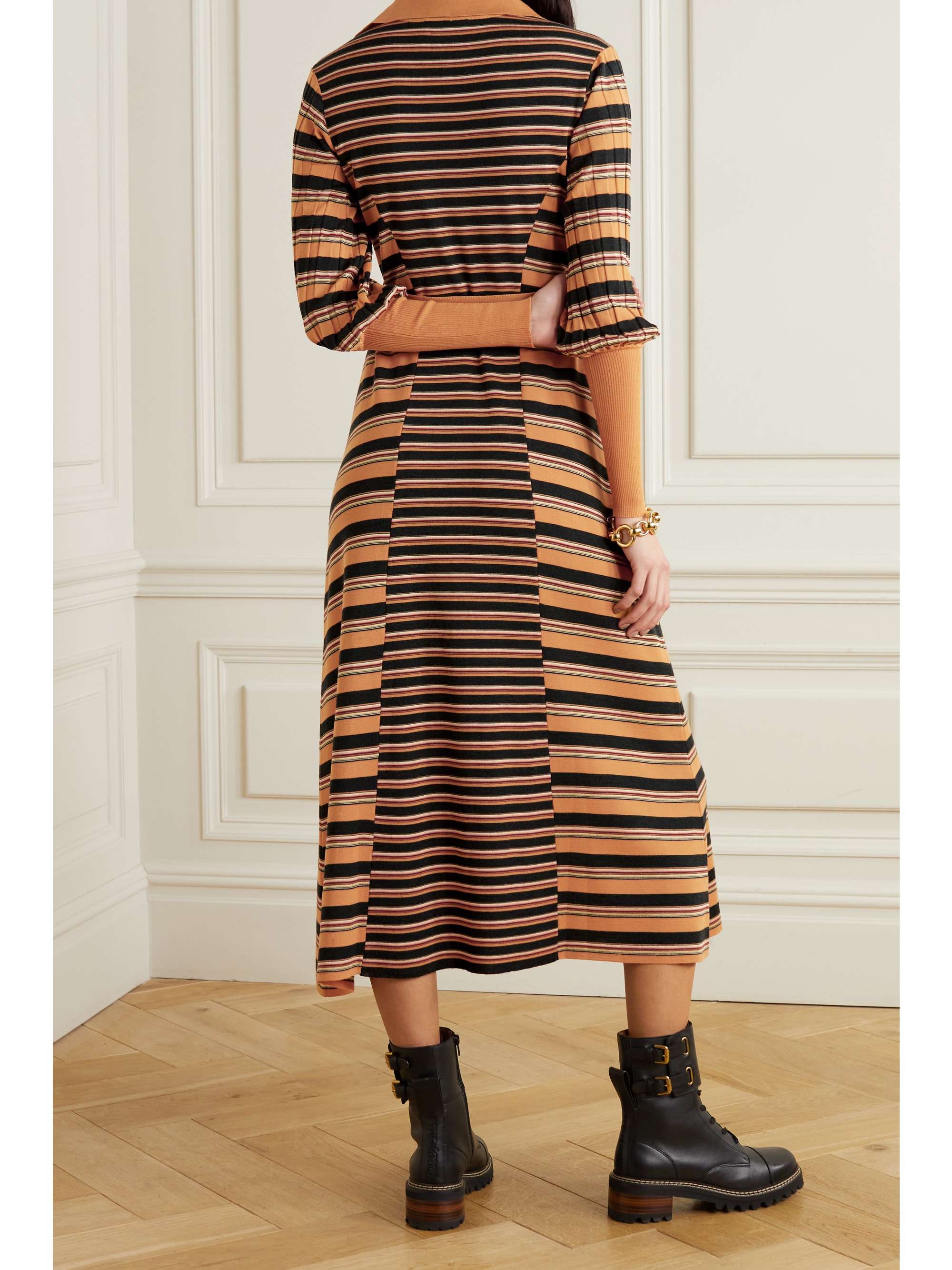 CHLOÉ Belted striped wool-blend midi dress