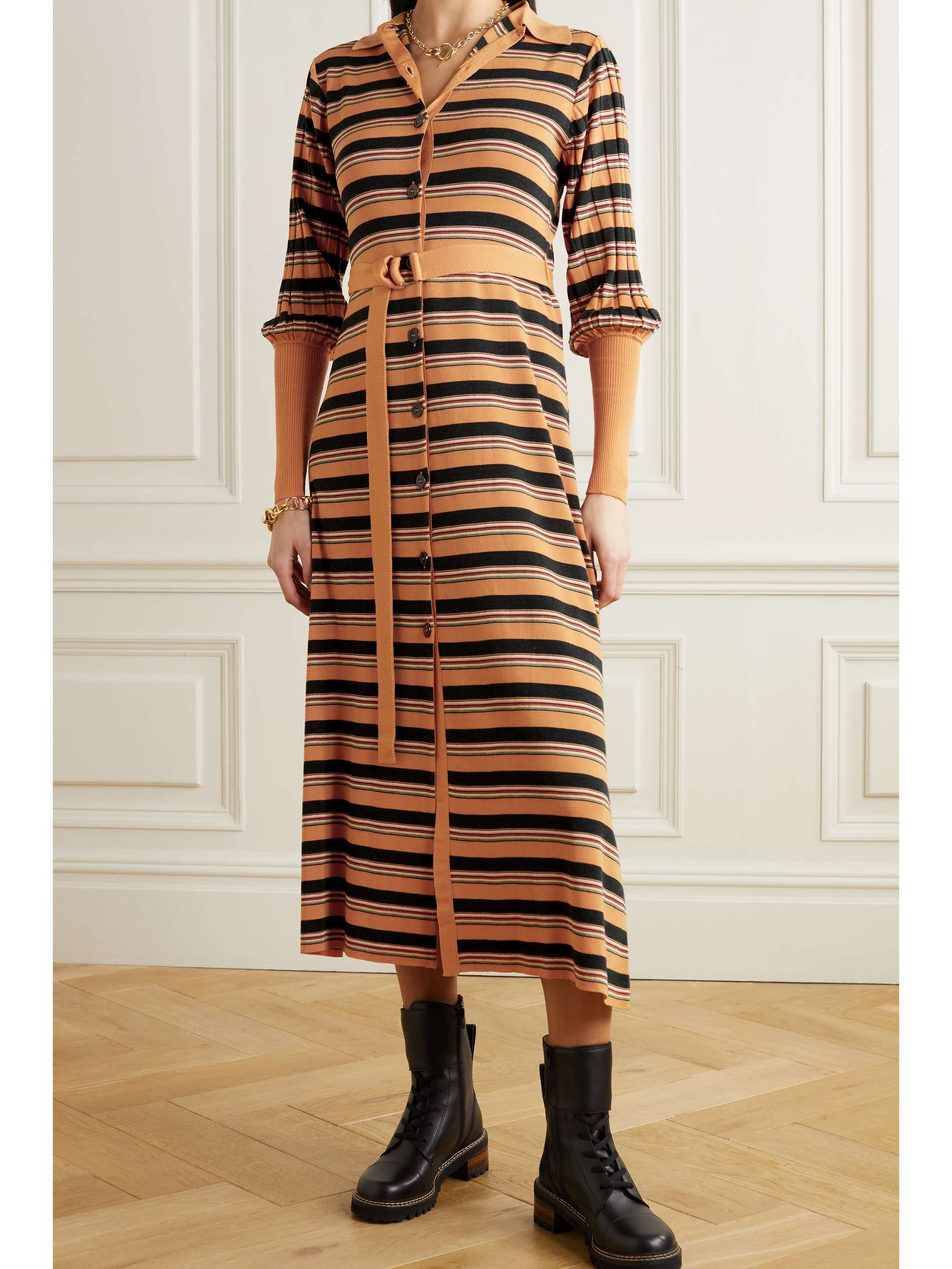 CHLOÉ Belted striped wool-blend midi dress