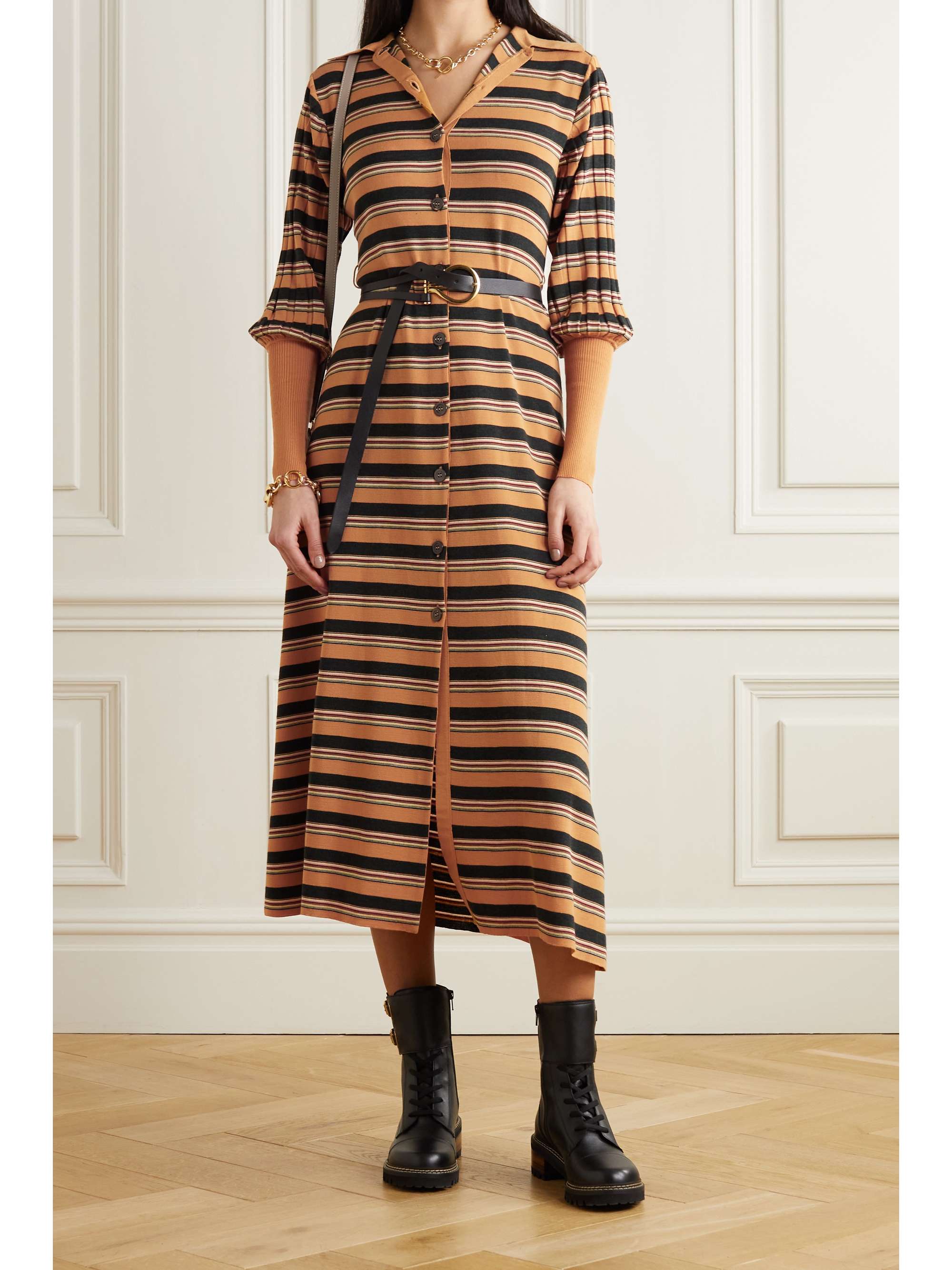 CHLOÉ Belted striped wool-blend midi dress