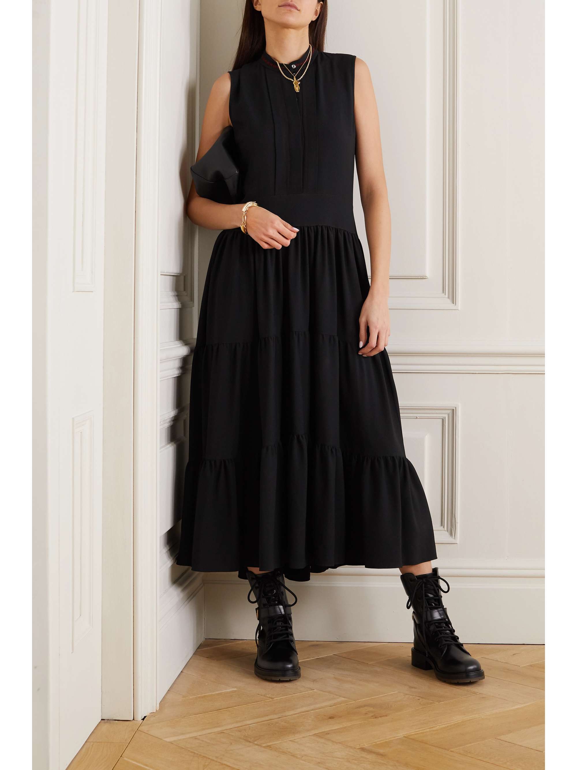 Black Tiered embroidered cady midi dress | CHLOÉ | NET-A-PORTER