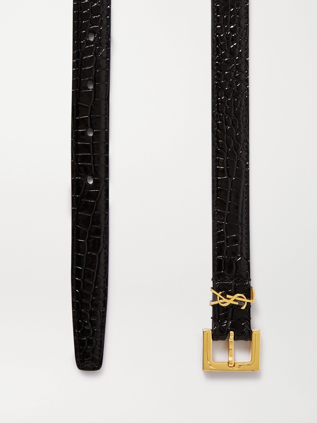 Shop Saint Laurent Cassandre Embellished Croc-effect Leather Belt In Black