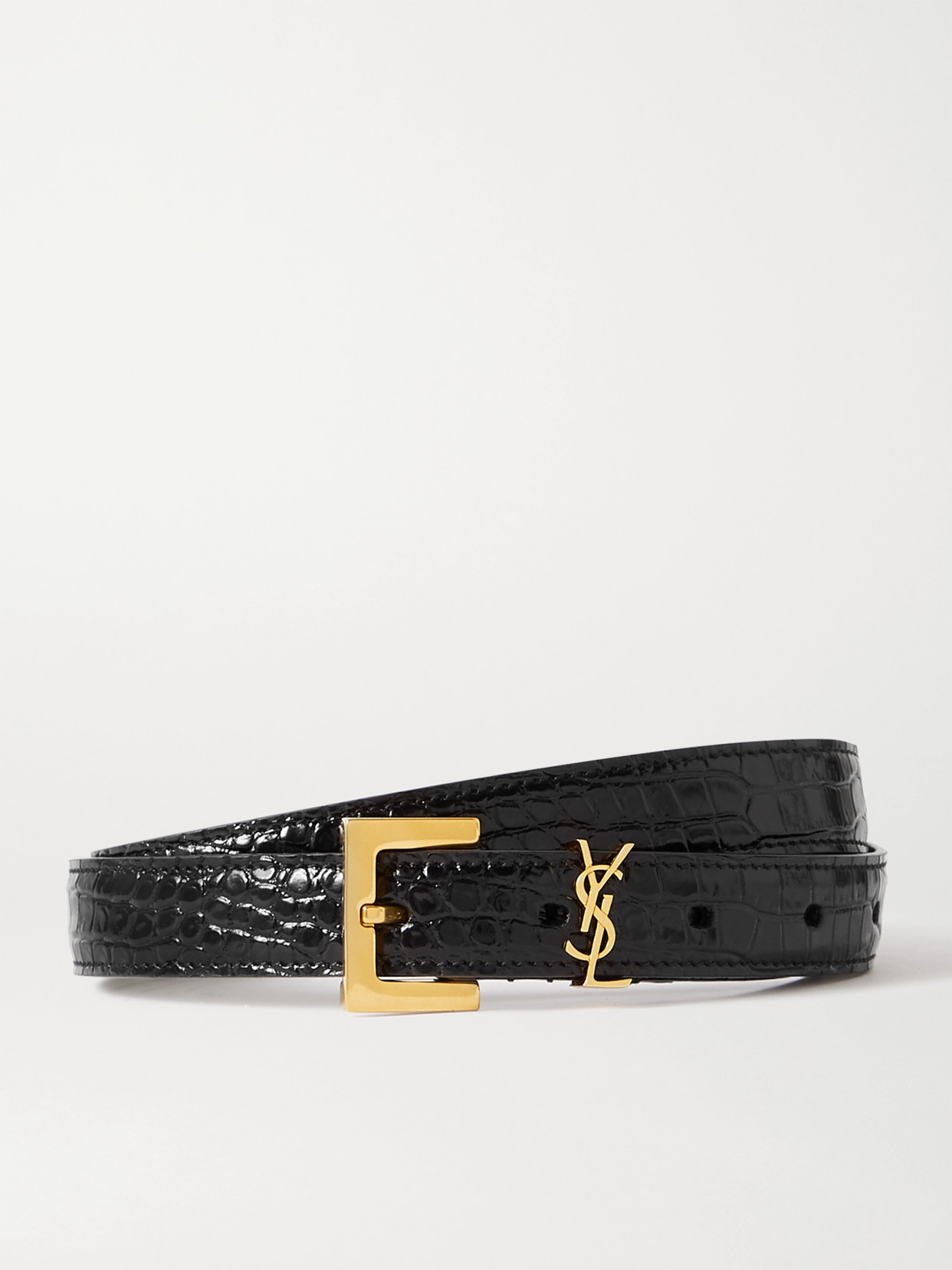 Shop Saint Laurent Cassandre Embellished Croc-effect Leather Belt In Black