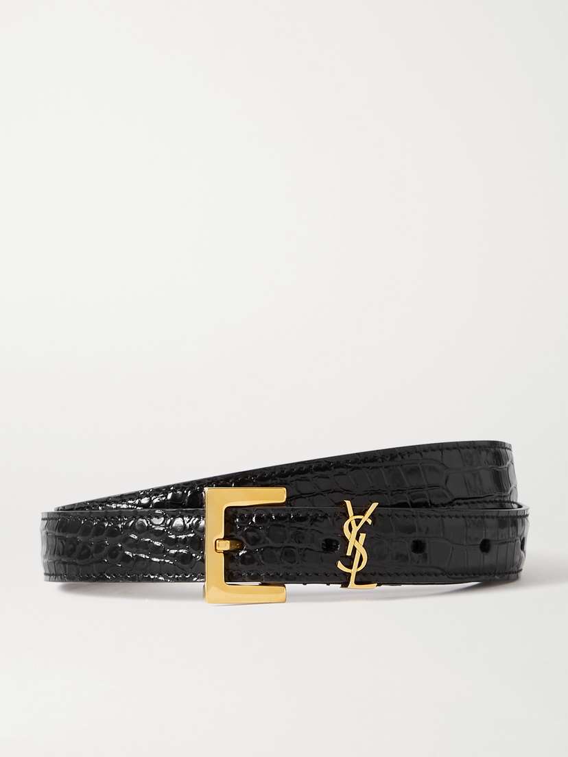 Saint Laurent Cassandre Embellished Croc-effect Leather Belt