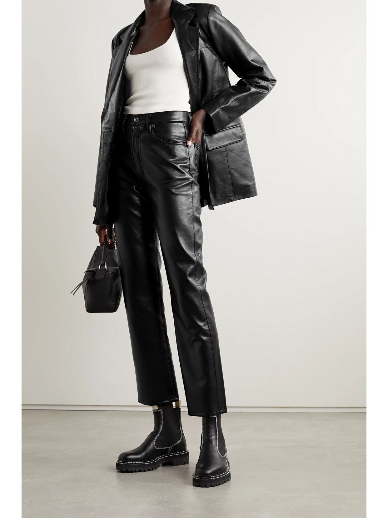 Shop Agolde + Net Sustain 90s Pinch Waist Leather-blend Straight-leg Pants In Black