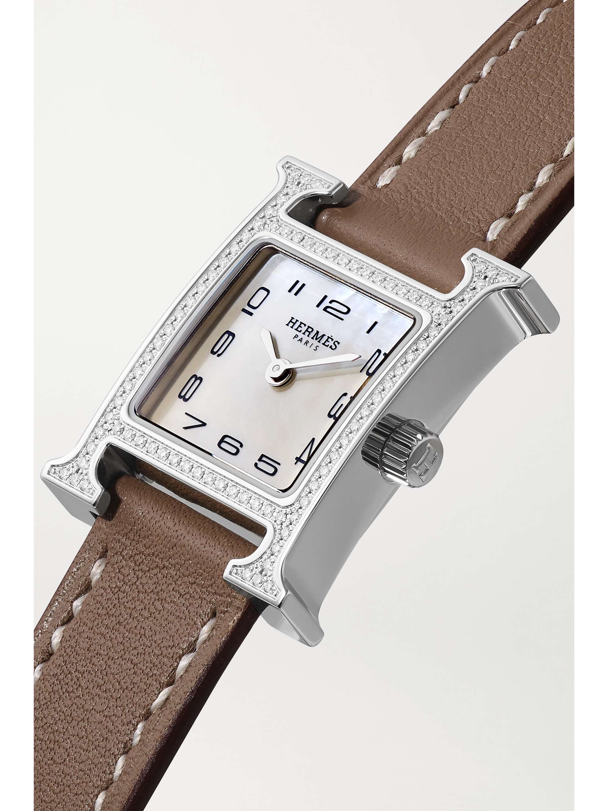 HERMÈS TIMEPIECES Heure H 17.2mm very small stainless steel, leather, mother-of-pearl and diamond watch