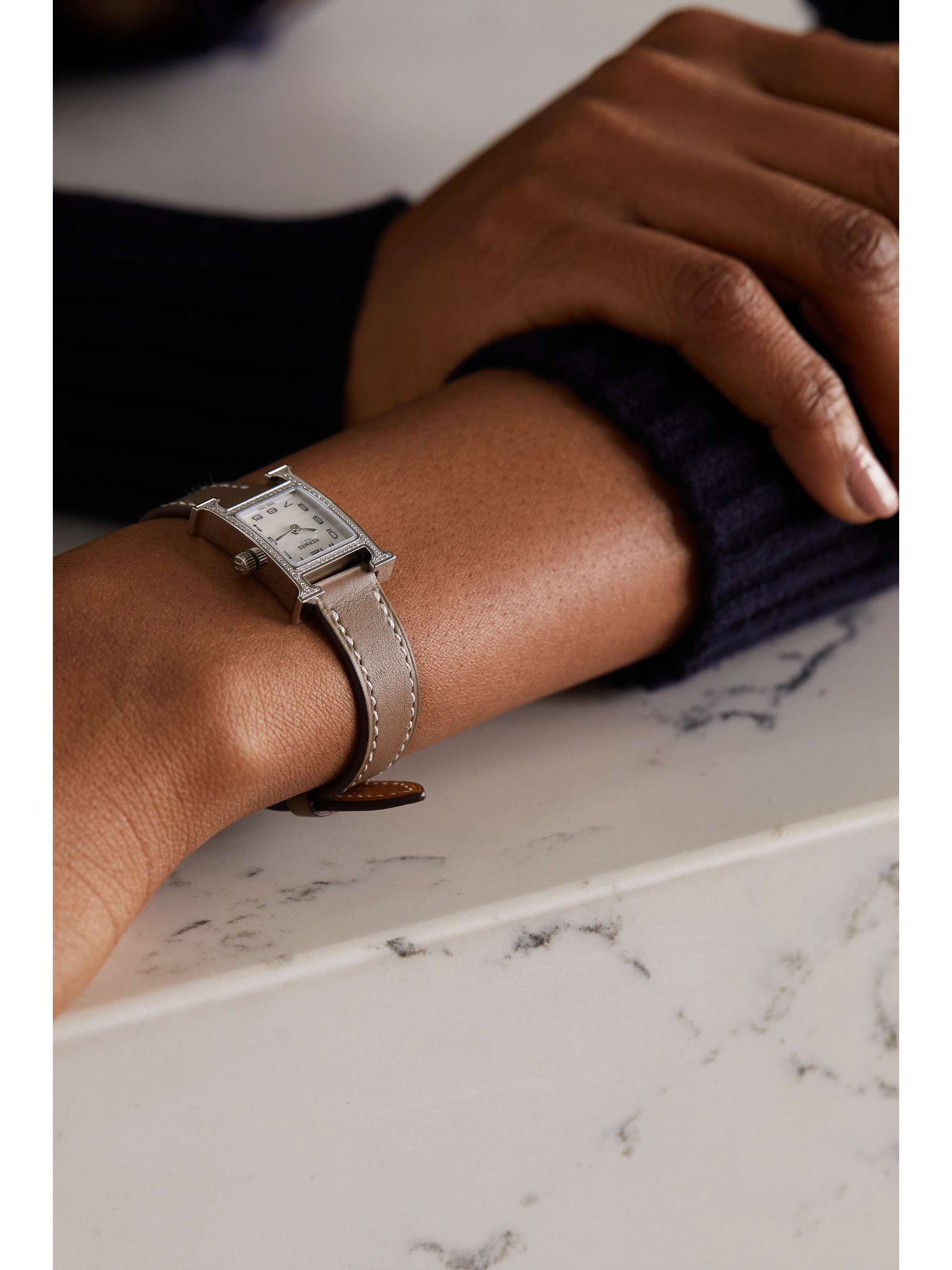 HERMÈS TIMEPIECES Heure H 17.2mm very small stainless steel, leather, mother-of-pearl and diamond watch