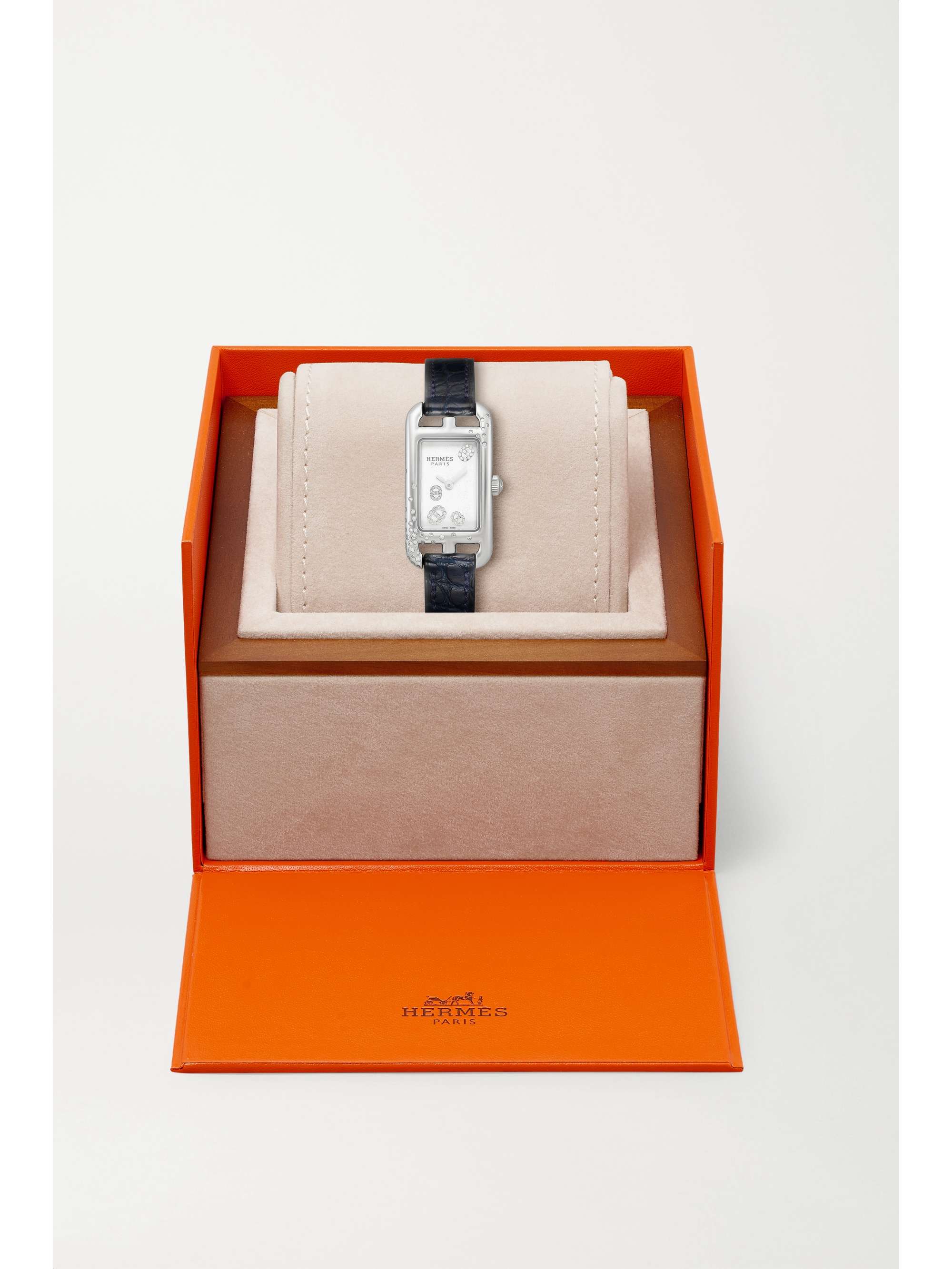 HERMÈS TIMEPIECES Nantucket 17mm very small stainless steel, alligator and diamond watch