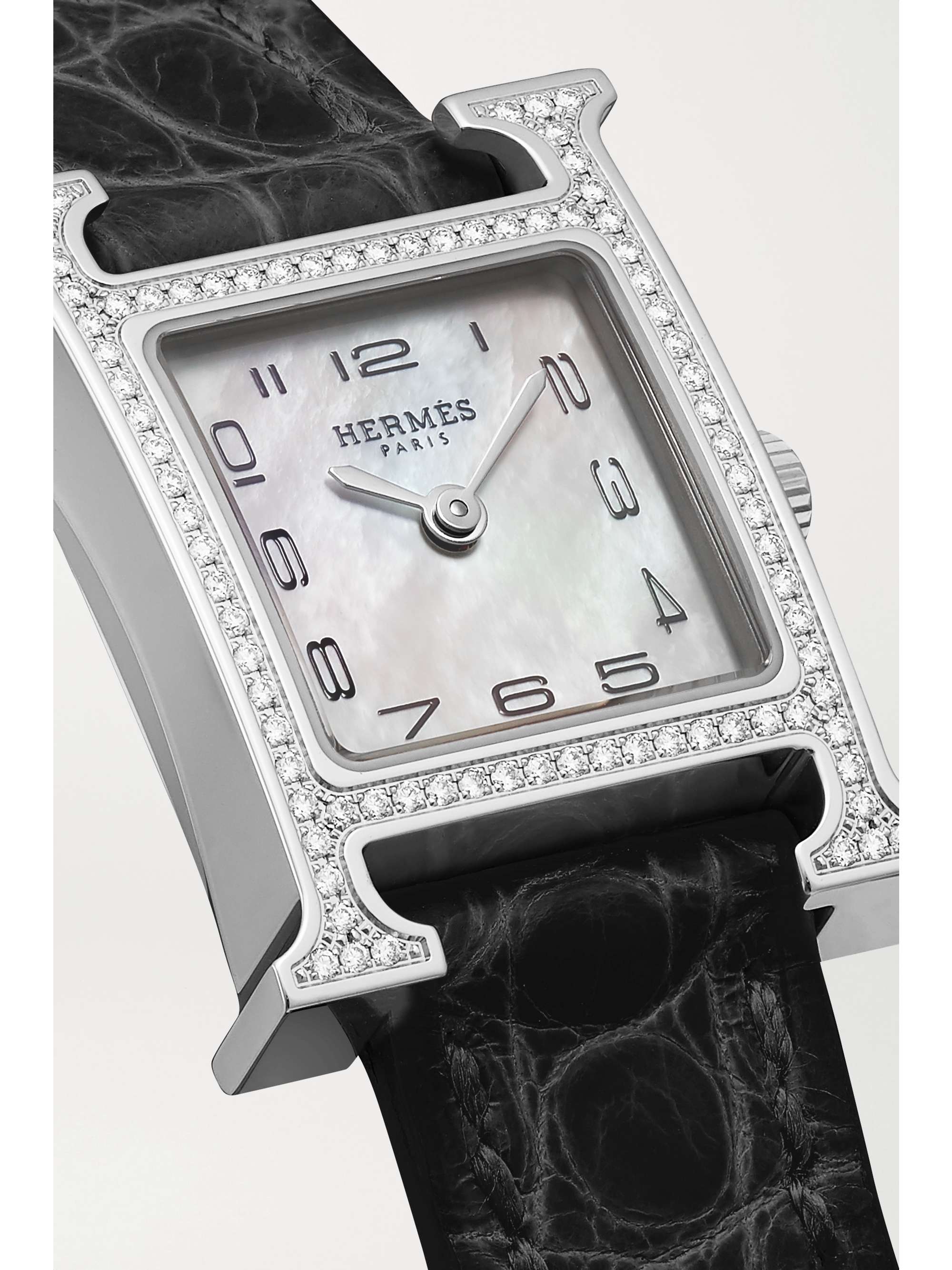 HERMÈS TIMEPIECES Montre en acier inoxydable, nacre et diamants à bracelet en alligator Heure H Very Small 17,2 mm