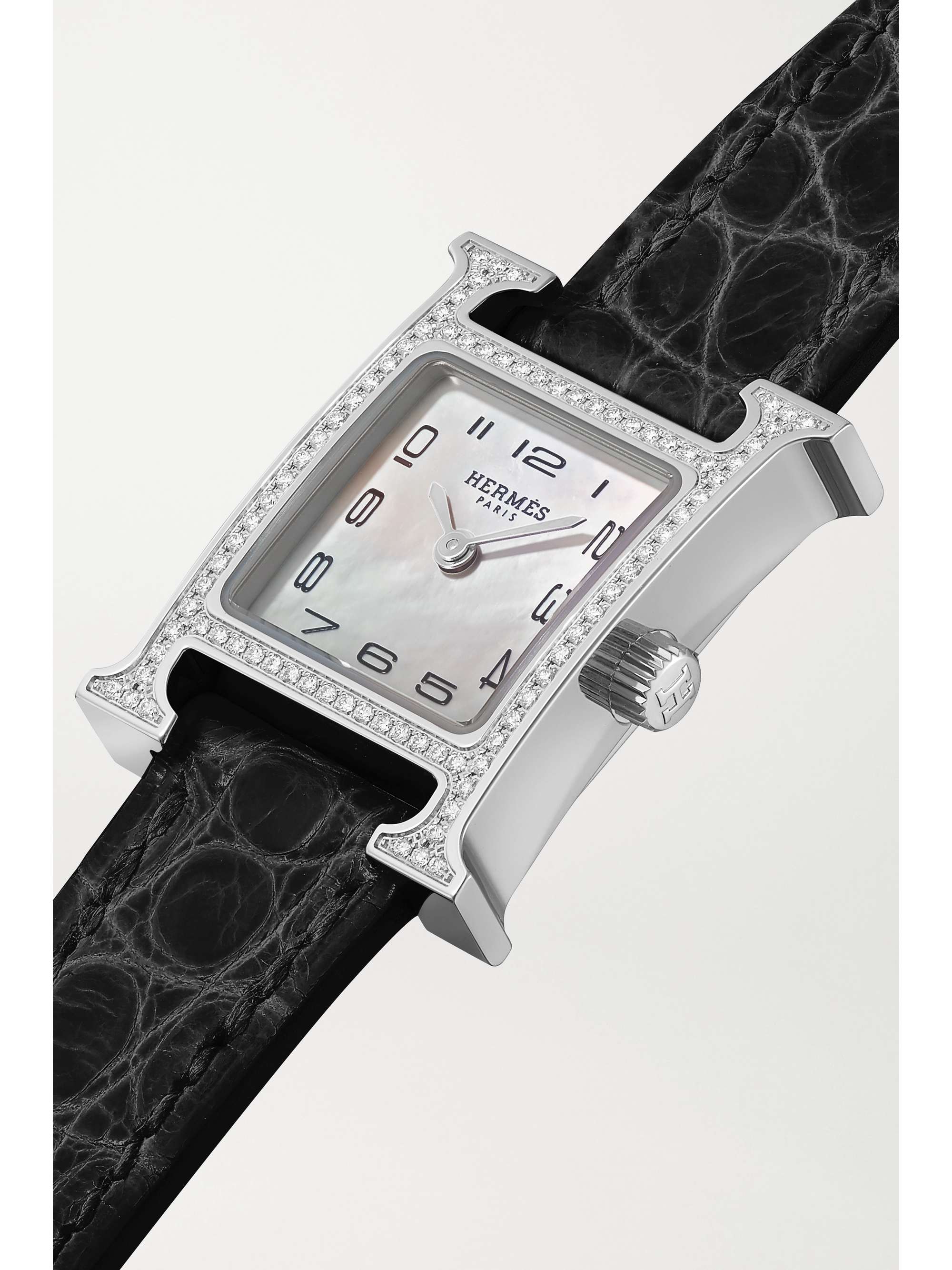 HERMÈS TIMEPIECES Montre en acier inoxydable, nacre et diamants à bracelet en alligator Heure H Very Small 17,2 mm