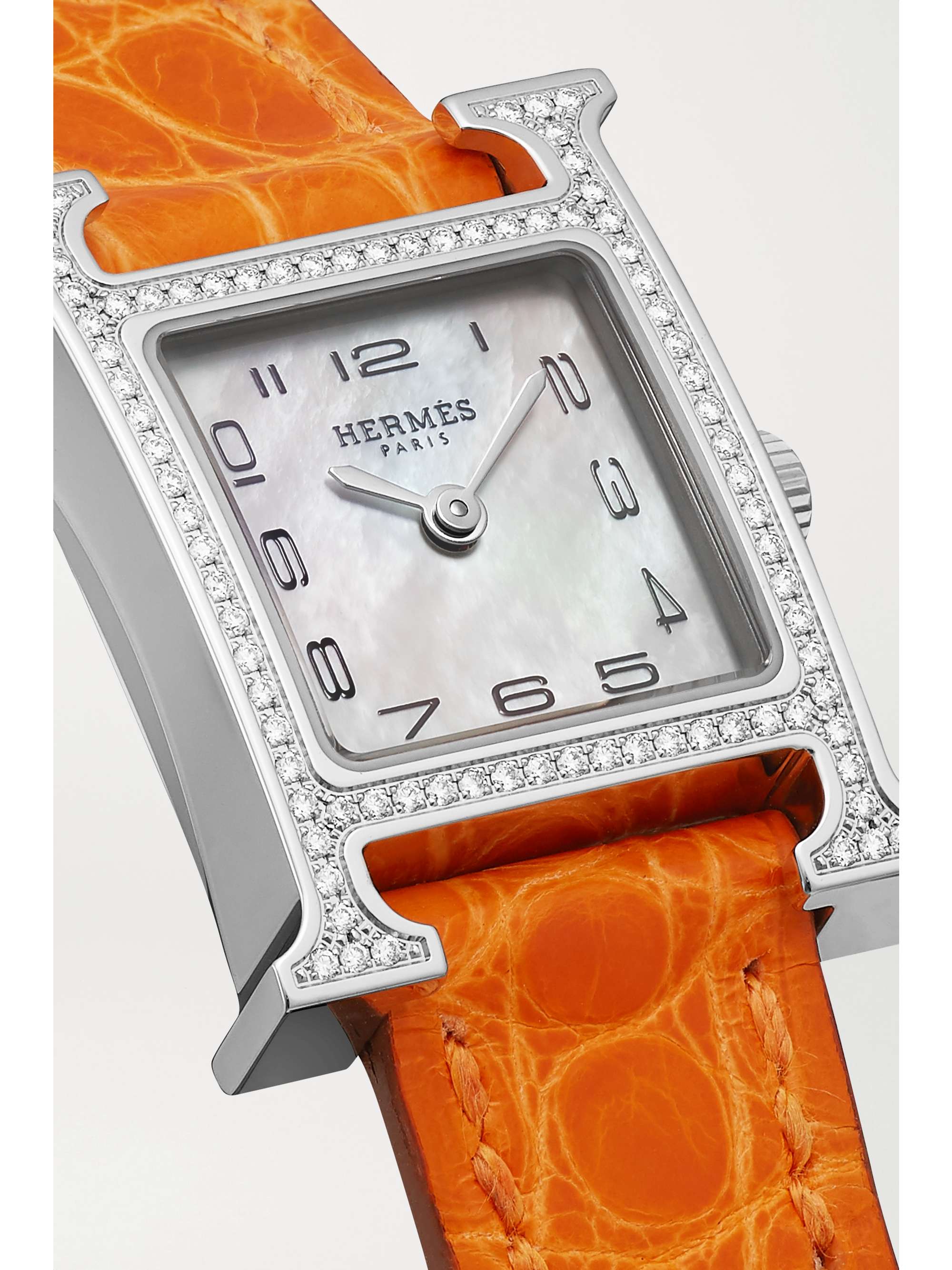 HERMÈS TIMEPIECES Montre en acier inoxydable, nacre et diamants à bracelet en alligator Heure H Very Small 17,2 mm