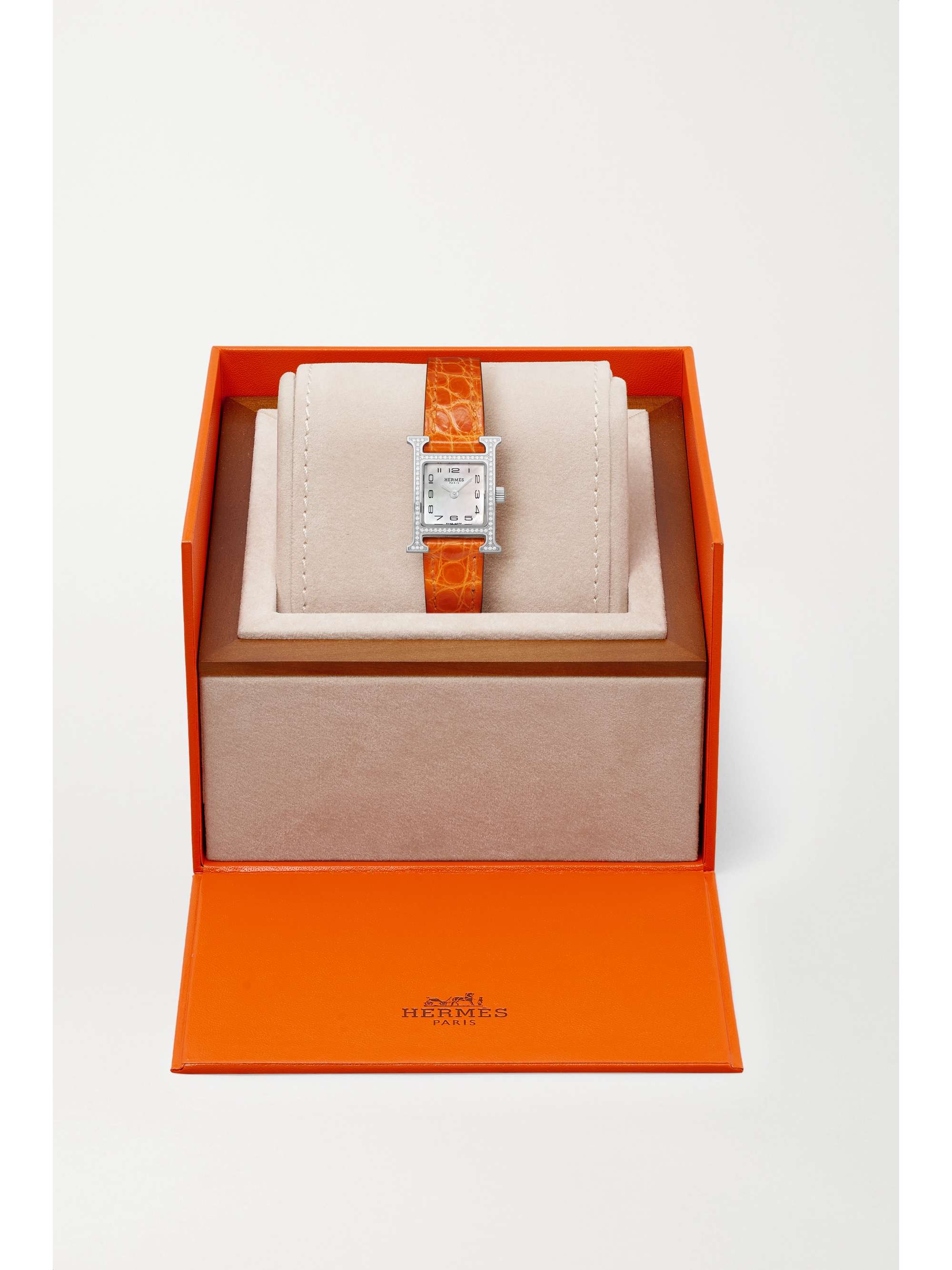 HERMÈS TIMEPIECES Montre en acier inoxydable, nacre et diamants à bracelet en alligator Heure H Very Small 17,2 mm